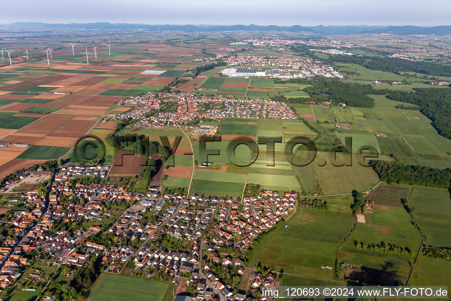 Aerial view of Town View of the streets and houses of the residential areas in Ottersheim bei Landau in the state Rhineland-Palatinate, Germany