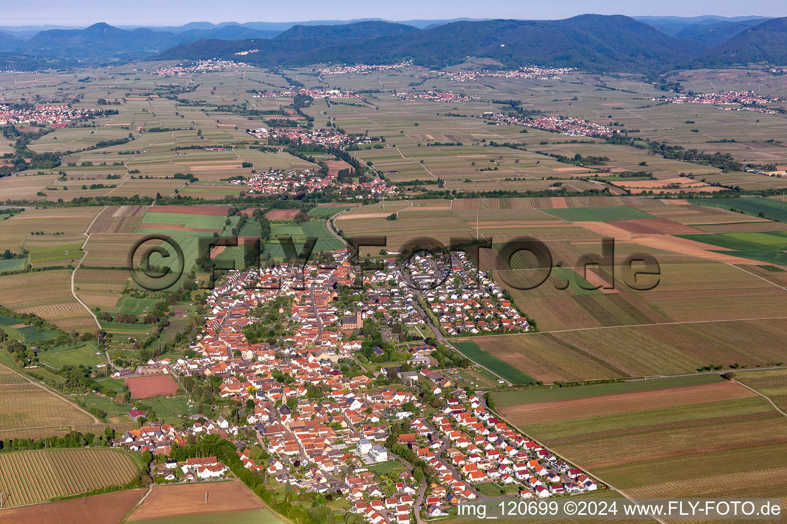 Aerial view of Village - view on the edge of agricultural fields and farmland in Essingen in the state Rhineland-Palatinate, Germany