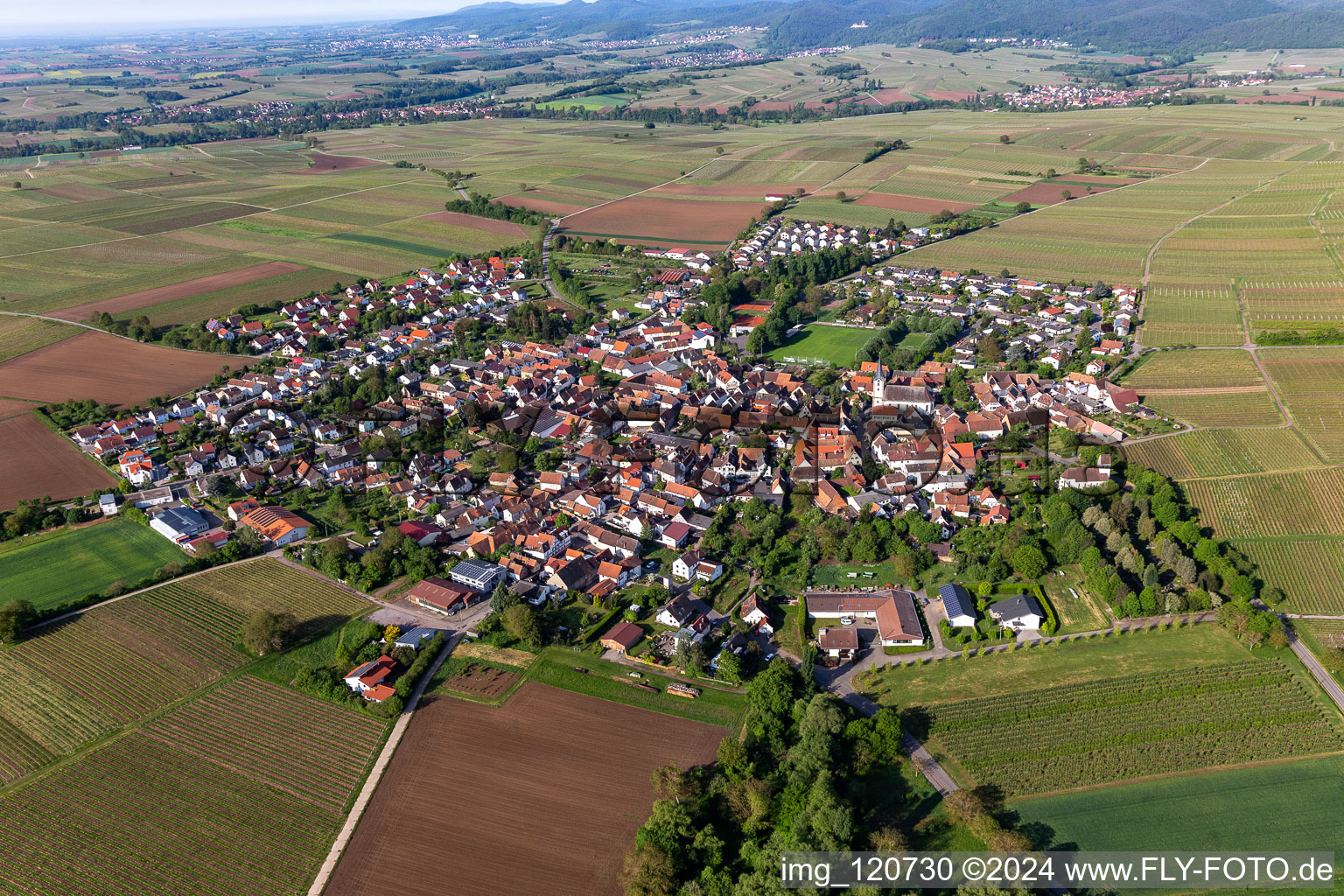 Aerial view of Agricultural land and field borders surround the settlement area of the village in Moerzheim in the state Rhineland-Palatinate, Germany