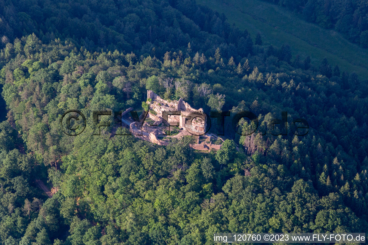 Aerial photograpy of Ruins and vestiges of the former castle and fortress Burg Meistersel in Ramberg in the state Rhineland-Palatinate, Germany