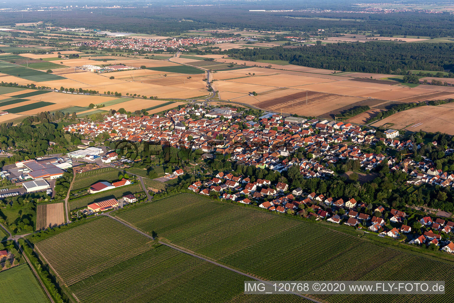 Village view on the edge of agricultural fields and land in Niederhochstadt in the state Rhineland-Palatinate, Germany