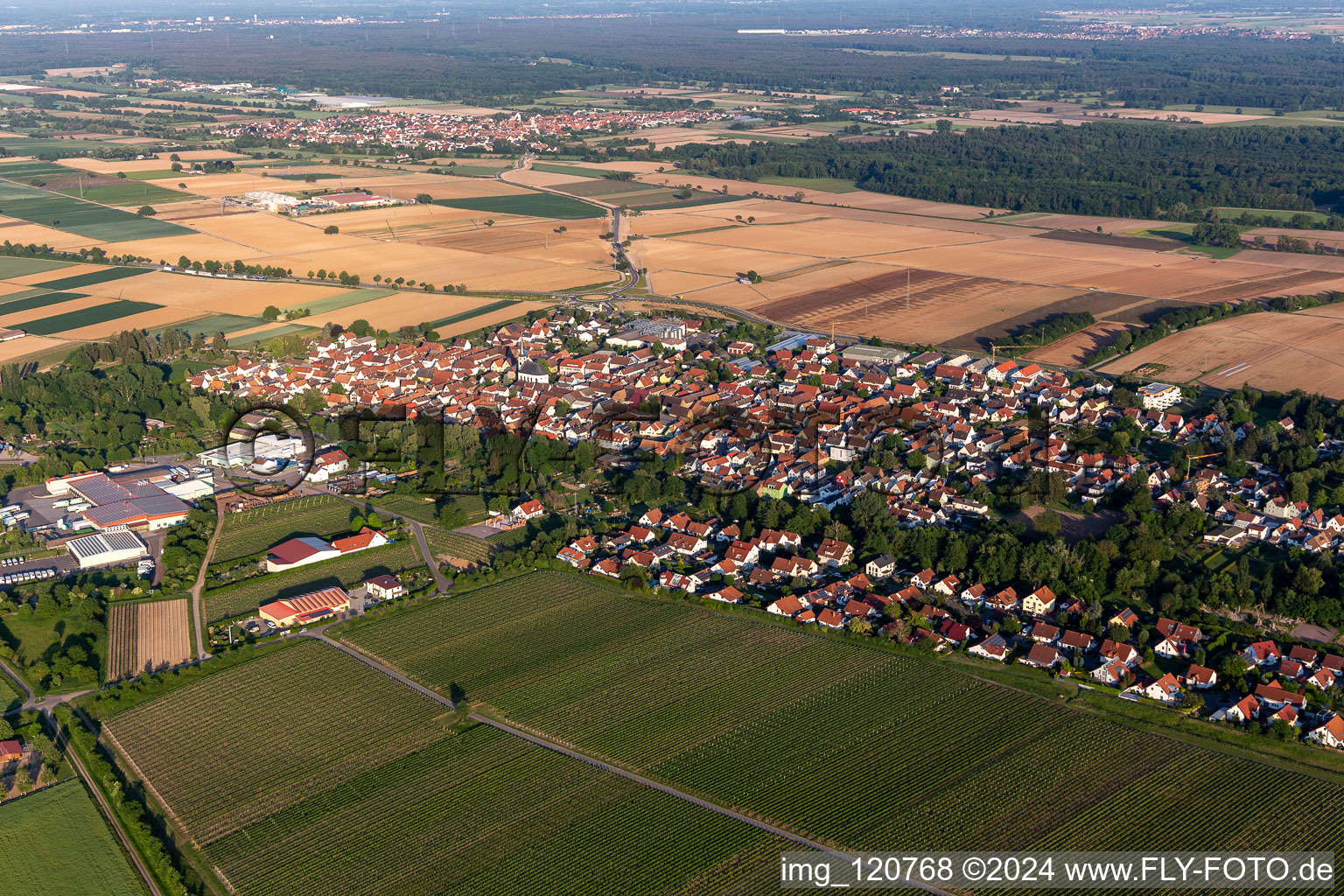 Village view on the edge of agricultural fields and land in Niederhochstadt in the state Rhineland-Palatinate, Germany