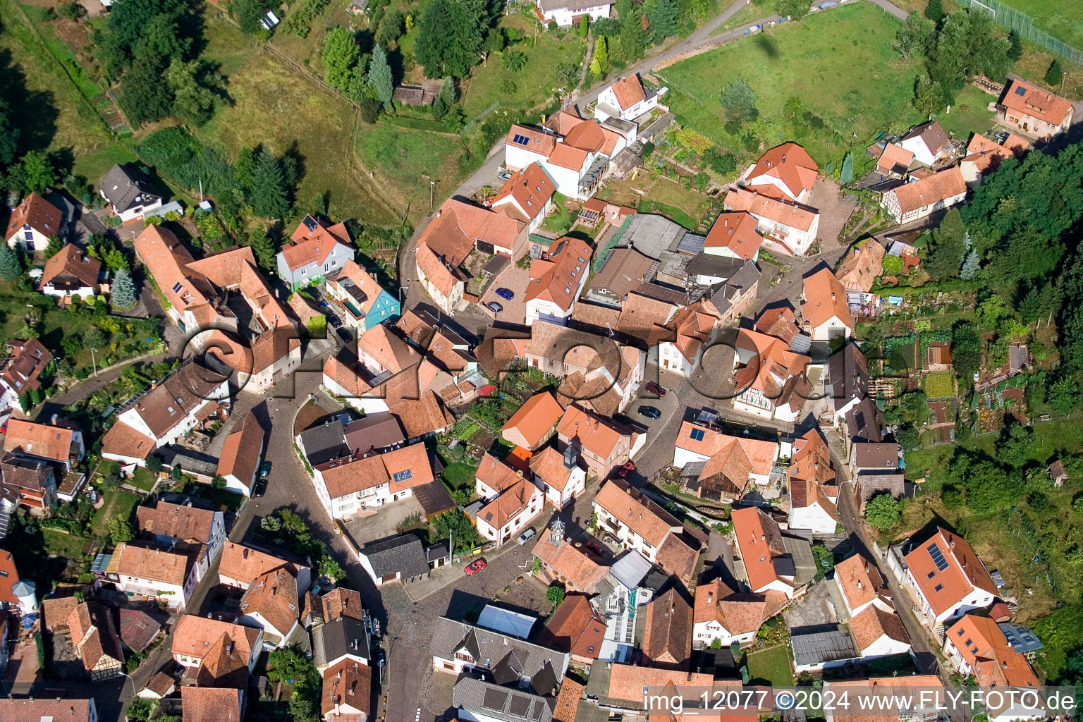 District Gräfenhausen in Annweiler am Trifels in the state Rhineland-Palatinate, Germany seen from a drone