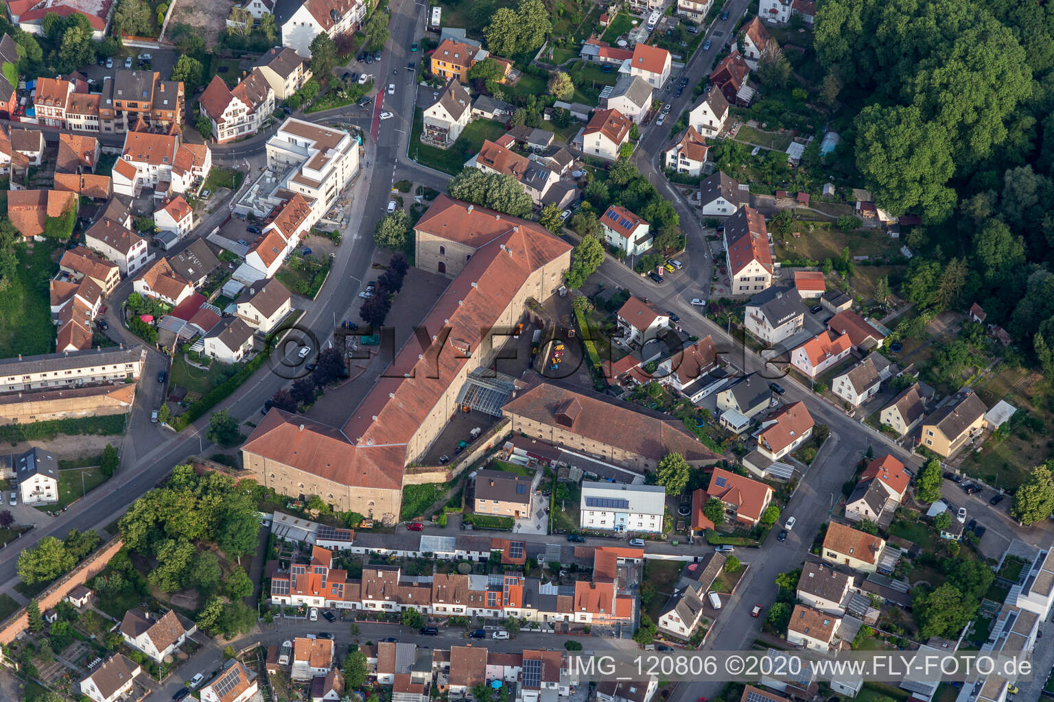 Aerial view of Museum building ensemble of Deutsches Strassenmuseum e.V. in Germersheim in the state Rhineland-Palatinate, Germany