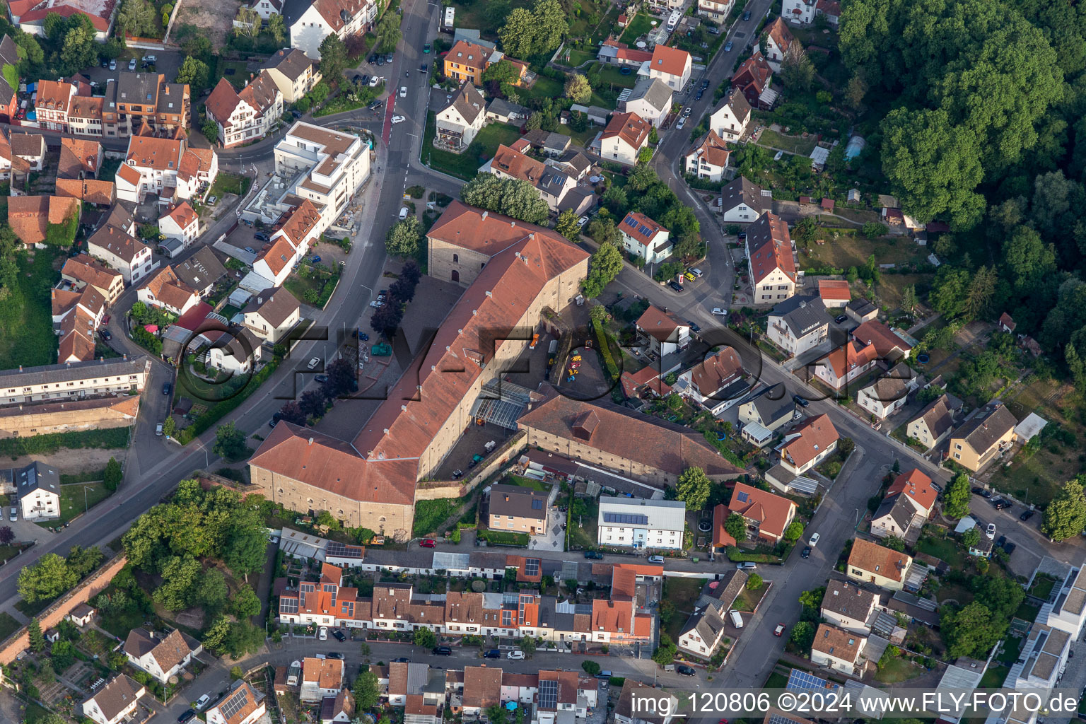 Aerial view of Museum building ensemble of Deutsches Strassenmuseum e.V. in Germersheim in the state Rhineland-Palatinate, Germany