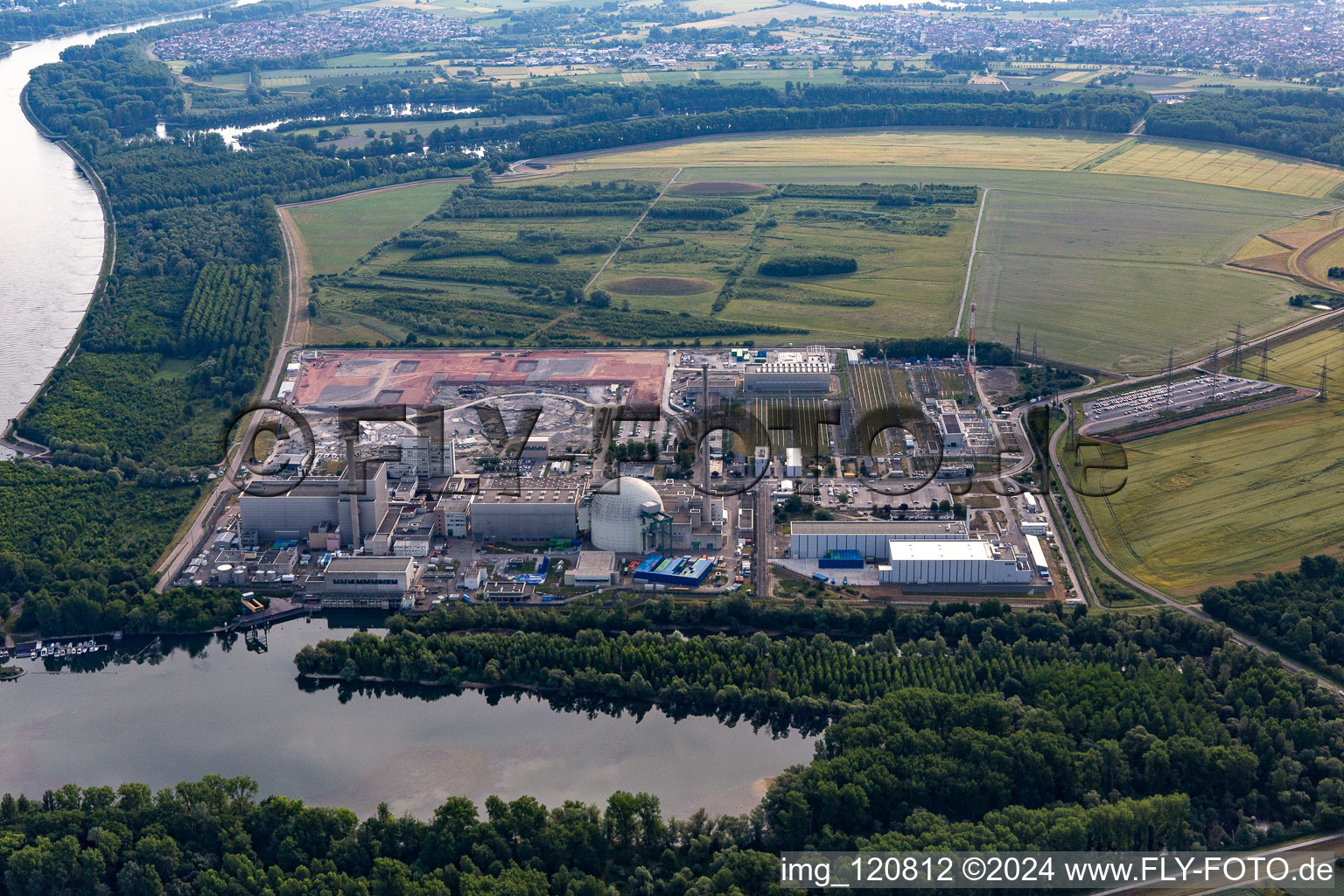 Aerial view of Former Phillippsburg nuclear power plant after the demolition of the two cooling towers in Philippsburg in the state Baden-Wuerttemberg, Germany