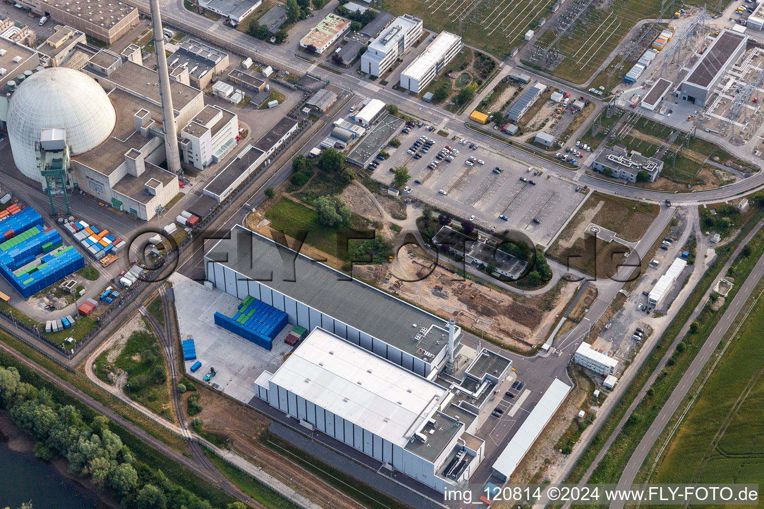 Aerial photograpy of Former Phillippsburg nuclear power plant after the demolition of the two cooling towers in Philippsburg in the state Baden-Wuerttemberg, Germany