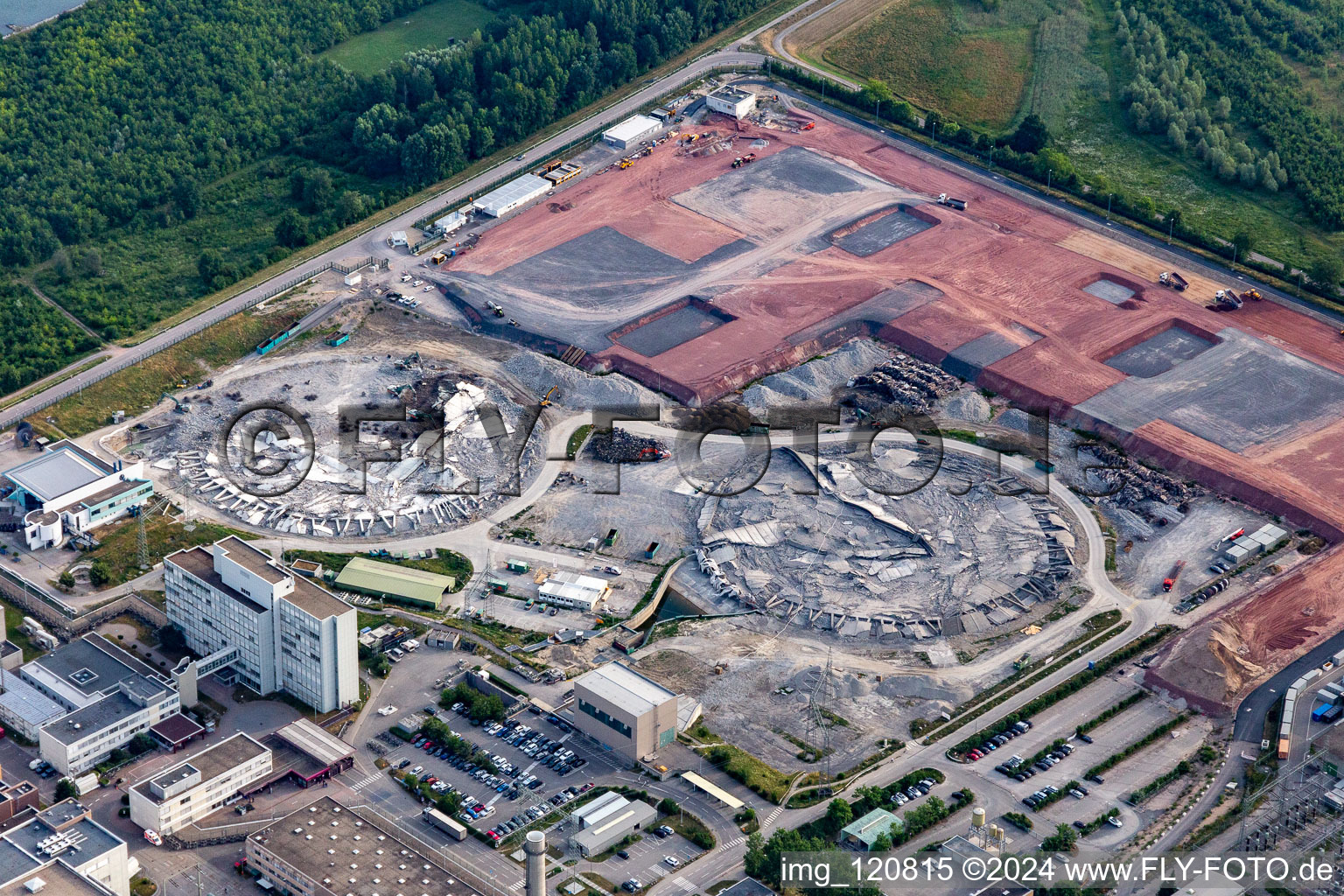 Oblique view of Former Phillippsburg nuclear power plant after the demolition of the two cooling towers in Philippsburg in the state Baden-Wuerttemberg, Germany