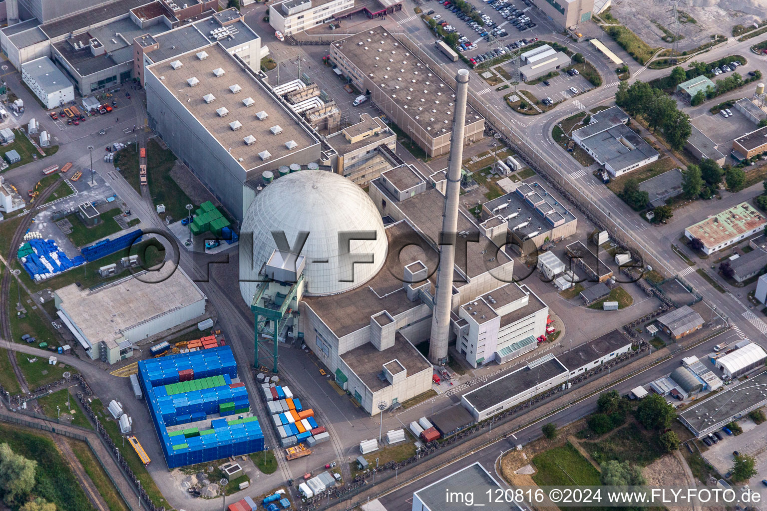 Former Phillippsburg nuclear power plant after the demolition of the two cooling towers in Philippsburg in the state Baden-Wuerttemberg, Germany from above