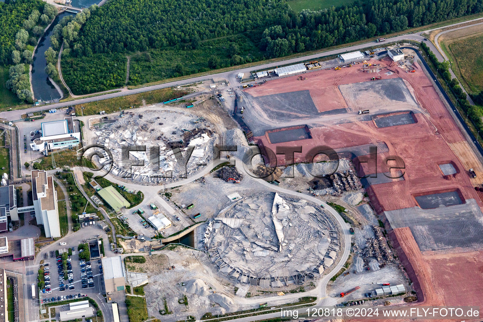 Former Phillippsburg nuclear power plant after the demolition of the two cooling towers in Philippsburg in the state Baden-Wuerttemberg, Germany out of the air