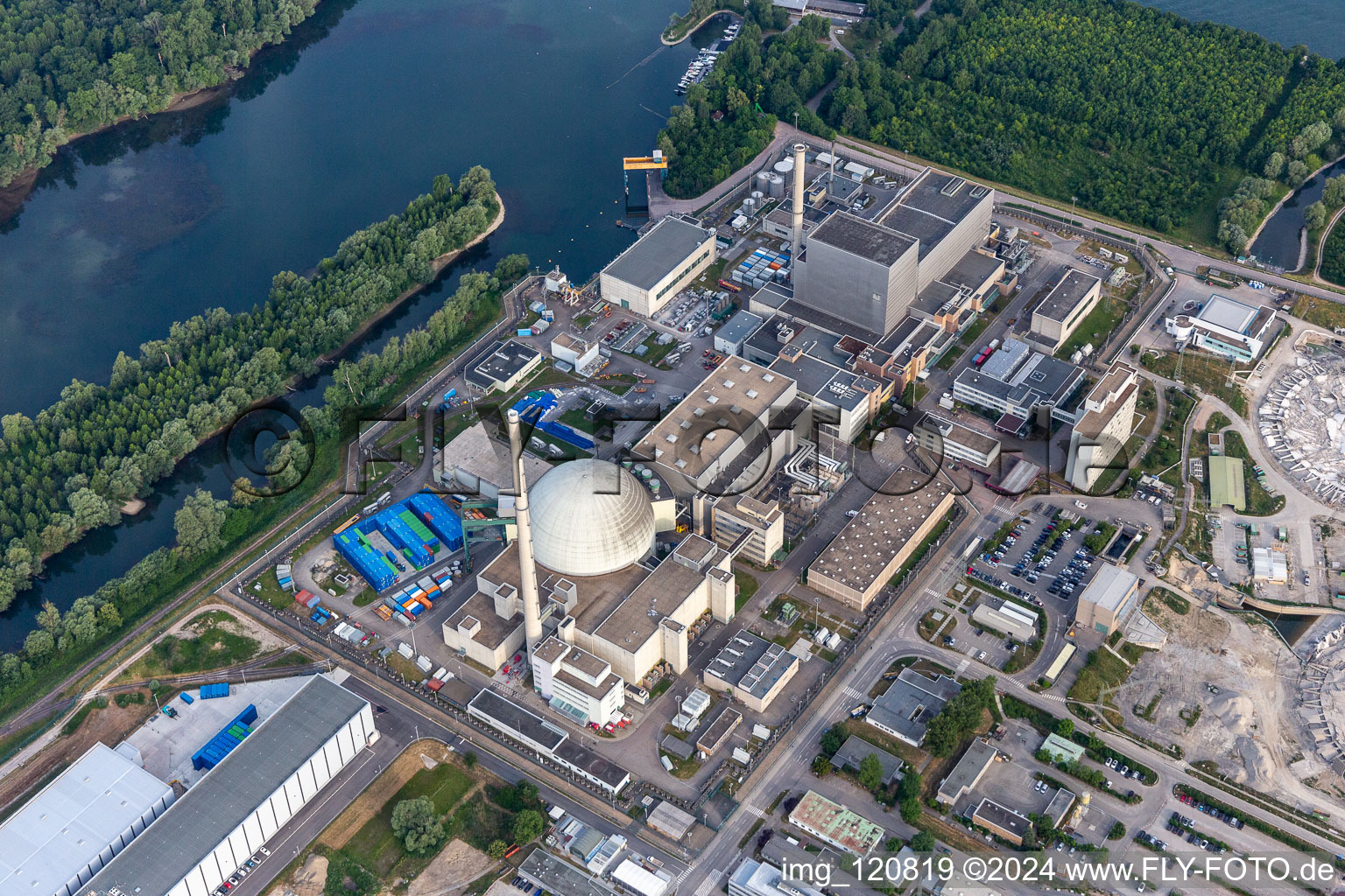 Former Phillippsburg nuclear power plant after the demolition of the two cooling towers in Philippsburg in the state Baden-Wuerttemberg, Germany seen from above