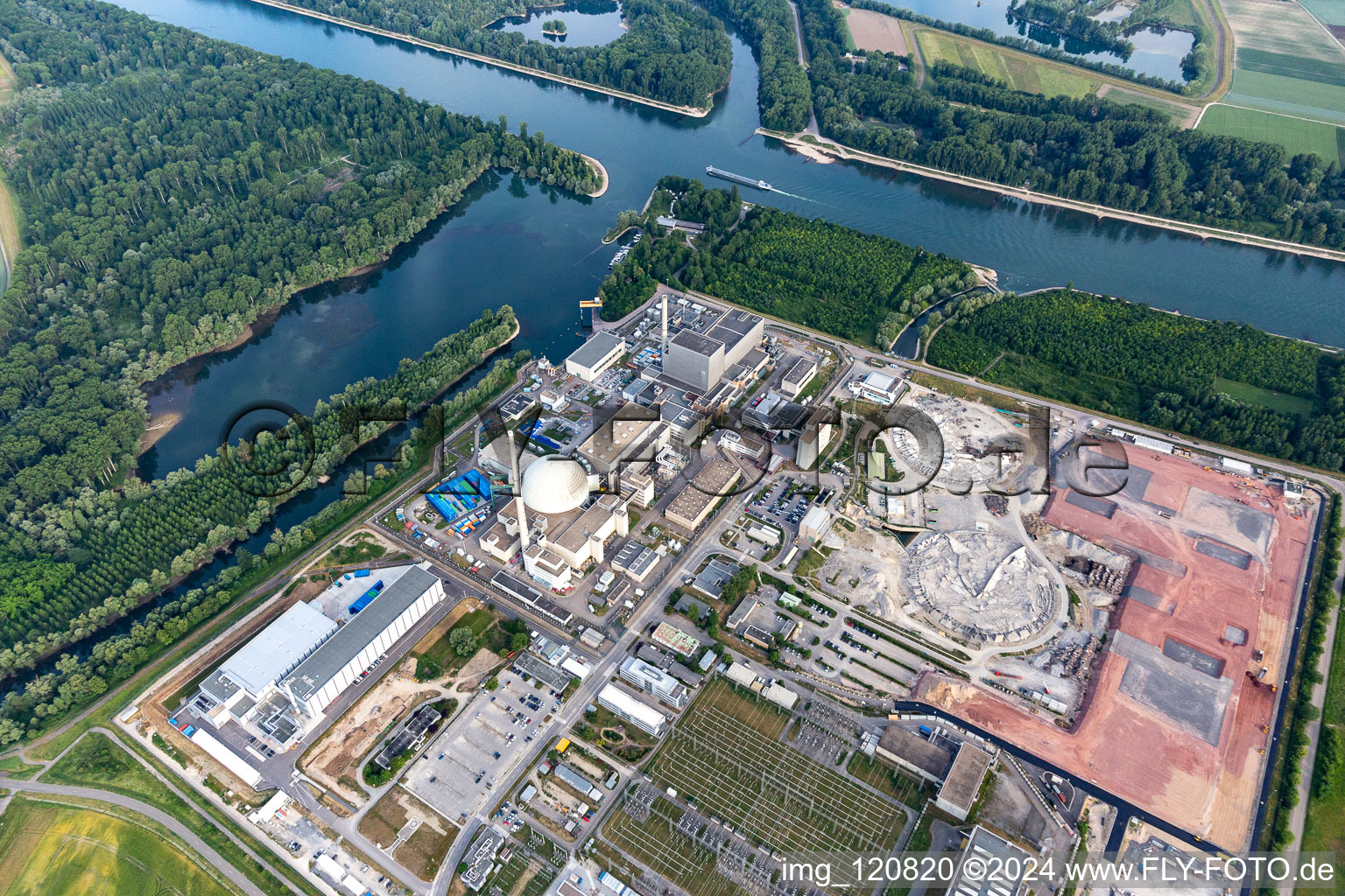 Former Phillippsburg nuclear power plant after the demolition of the two cooling towers in Philippsburg in the state Baden-Wuerttemberg, Germany from the plane