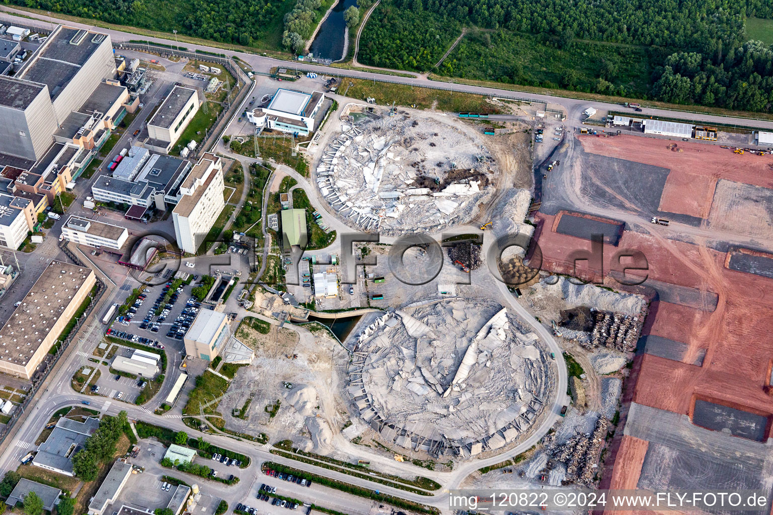 Bird's eye view of Former Phillippsburg nuclear power plant after the demolition of the two cooling towers in Philippsburg in the state Baden-Wuerttemberg, Germany