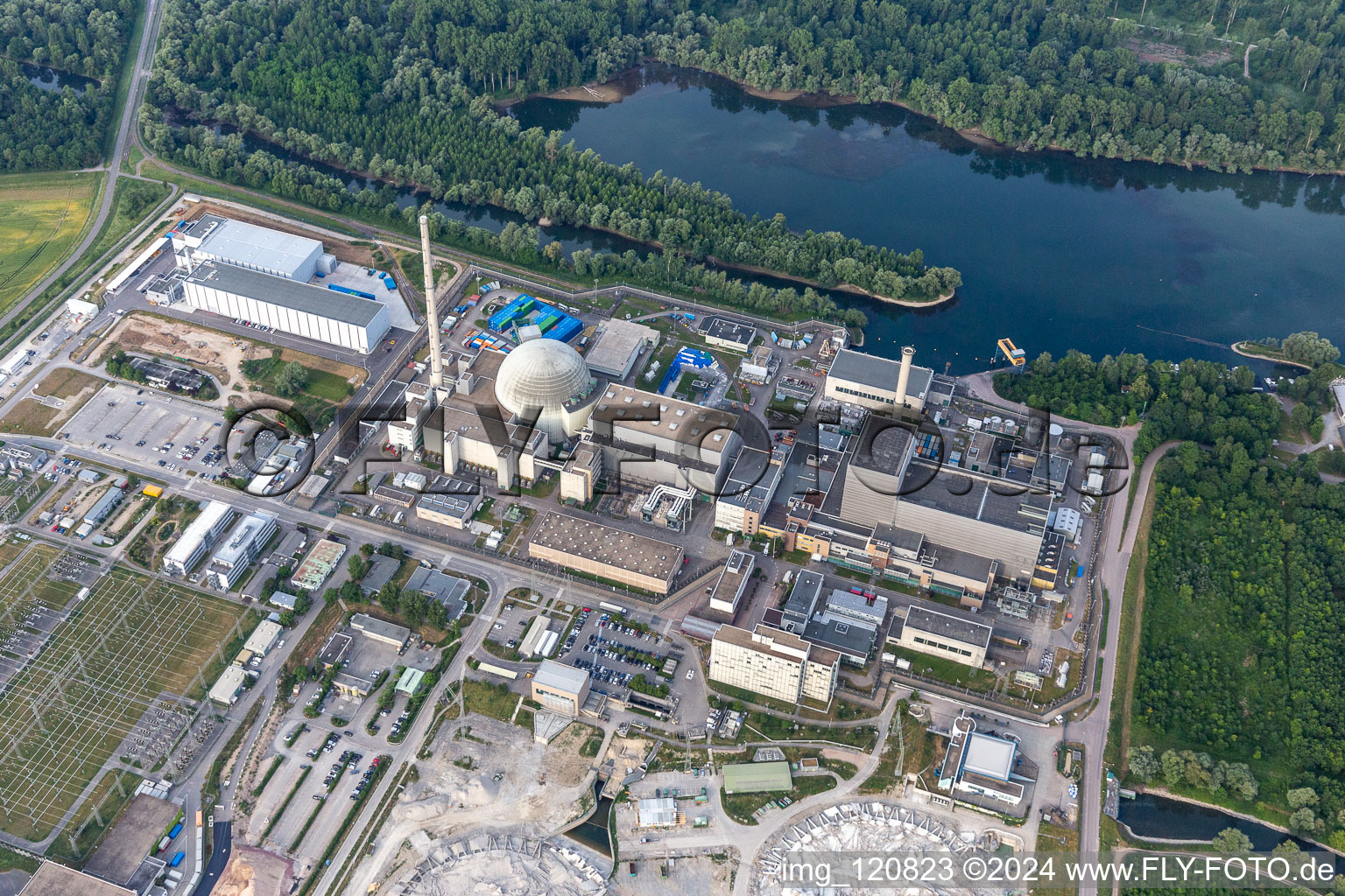 Former Phillippsburg nuclear power plant after the demolition of the two cooling towers in Philippsburg in the state Baden-Wuerttemberg, Germany viewn from the air