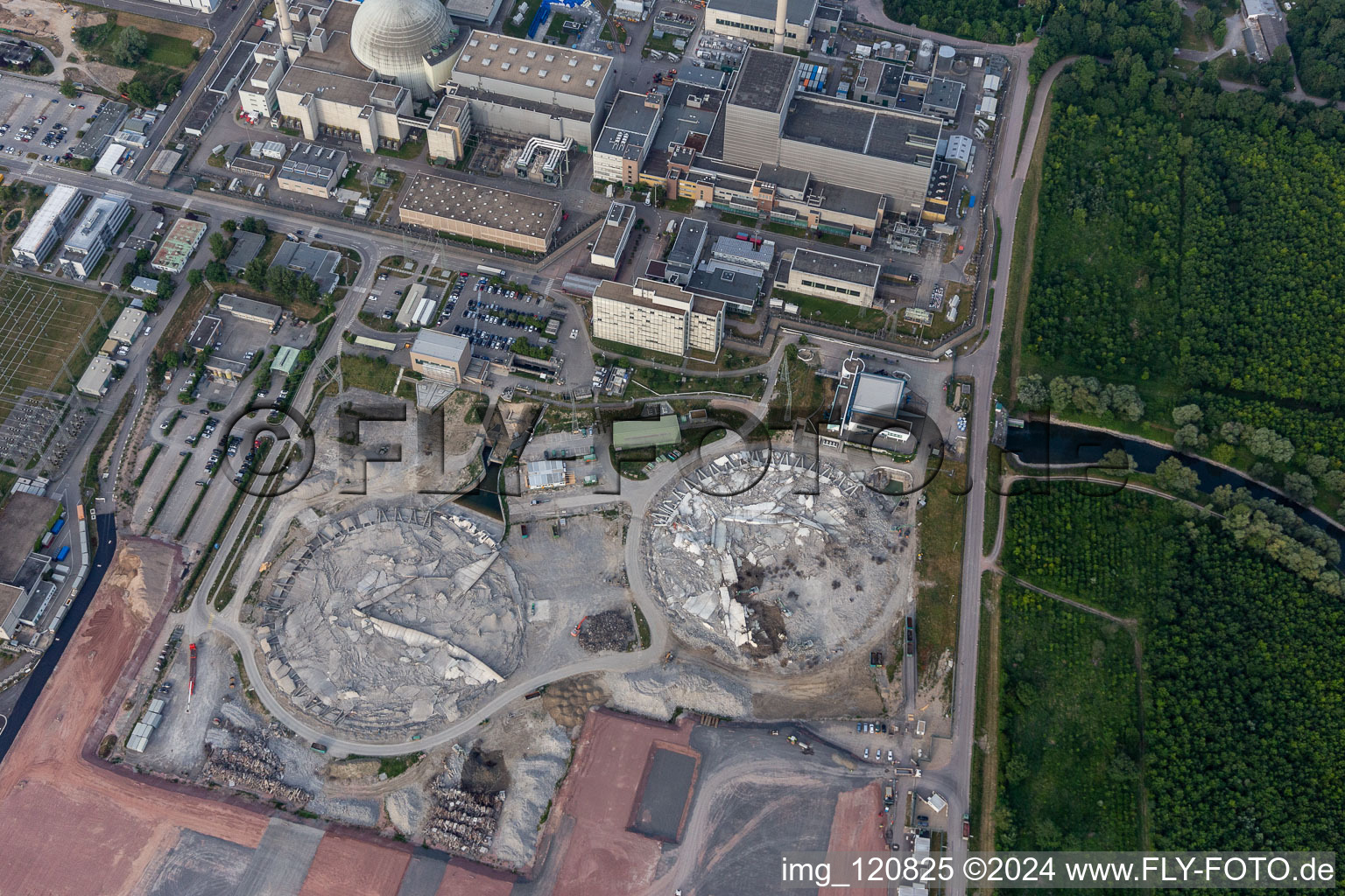 Drone recording of Former Phillippsburg nuclear power plant after the demolition of the two cooling towers in Philippsburg in the state Baden-Wuerttemberg, Germany