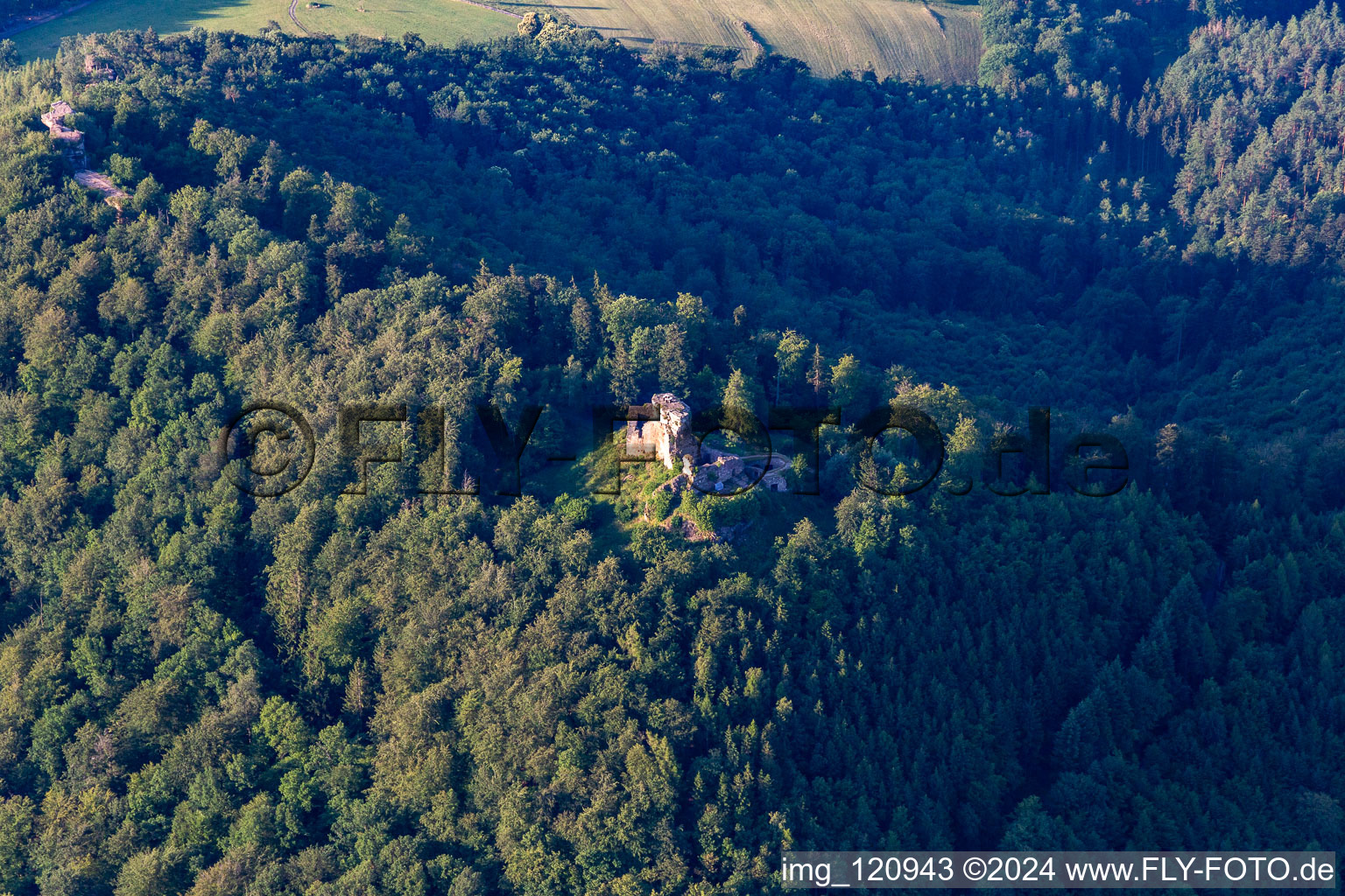 Aerial view of Castle of Hohenburg in Wingen in the state Bas-Rhin, France