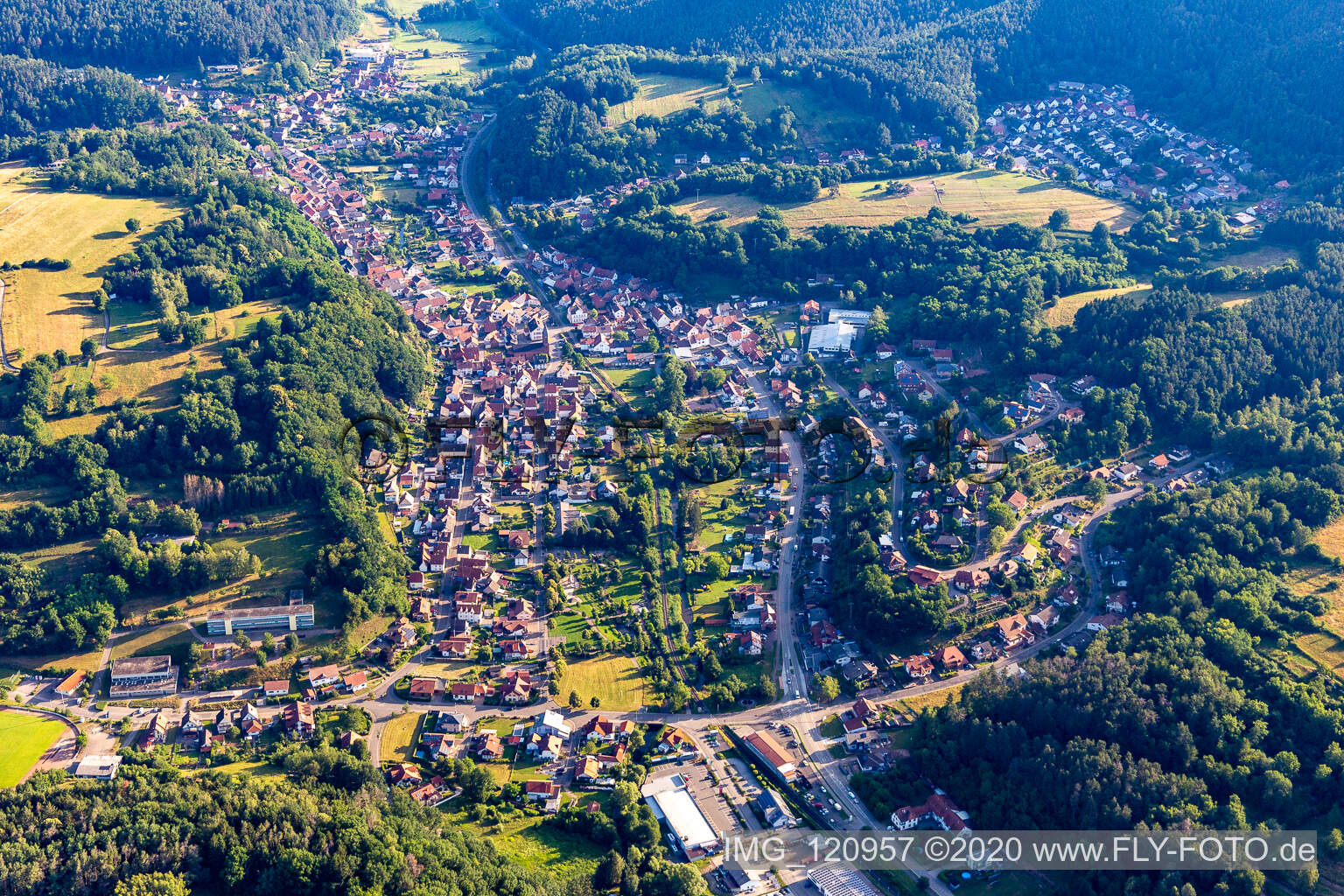 Surrounded by forest and forest areas center of the streets and houses and residential areas in Bruchweiler-Baerenbach in the state Rhineland-Palatinate, Germany