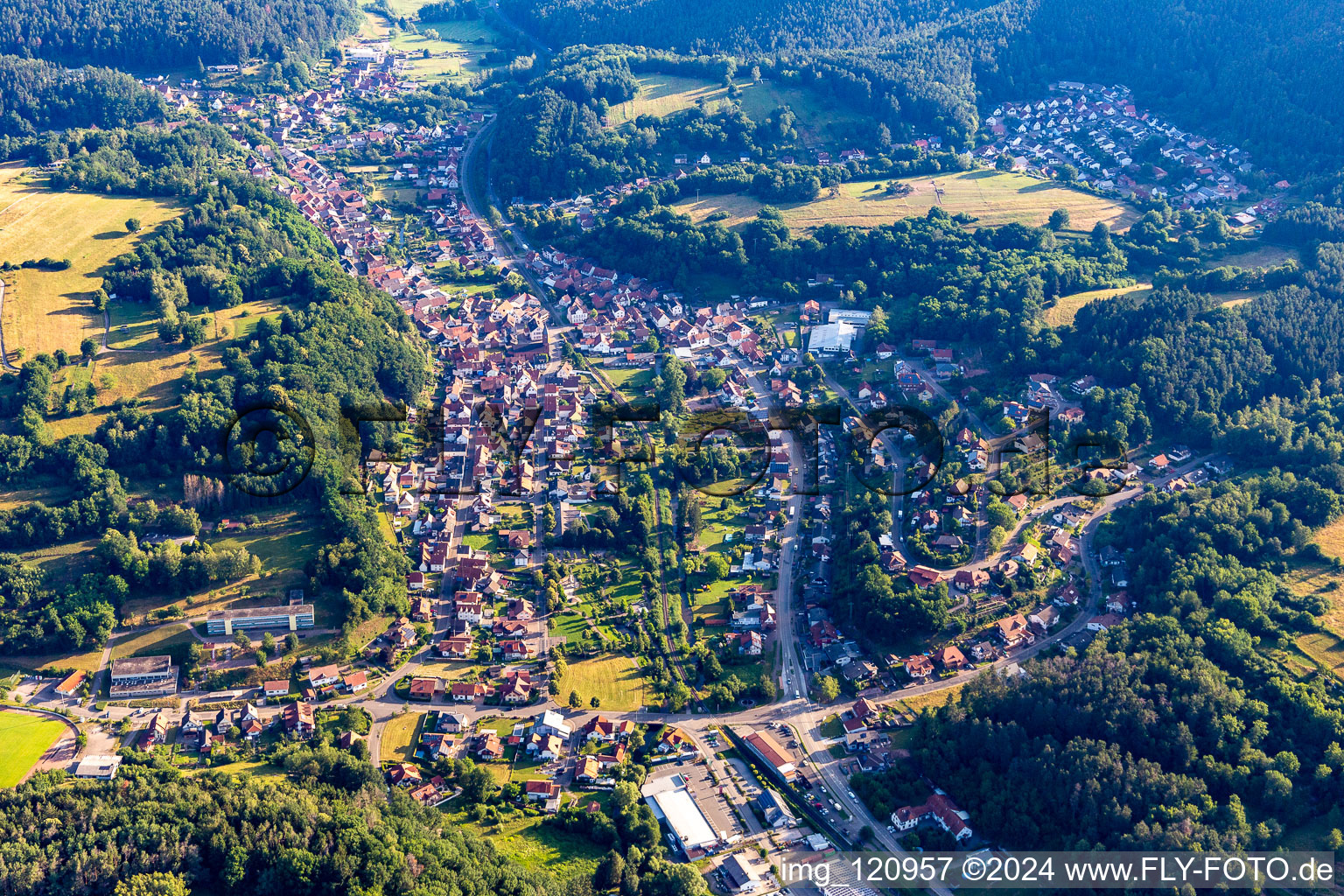 Surrounded by forest and forest areas center of the streets and houses and residential areas in Bruchweiler-Baerenbach in the state Rhineland-Palatinate, Germany