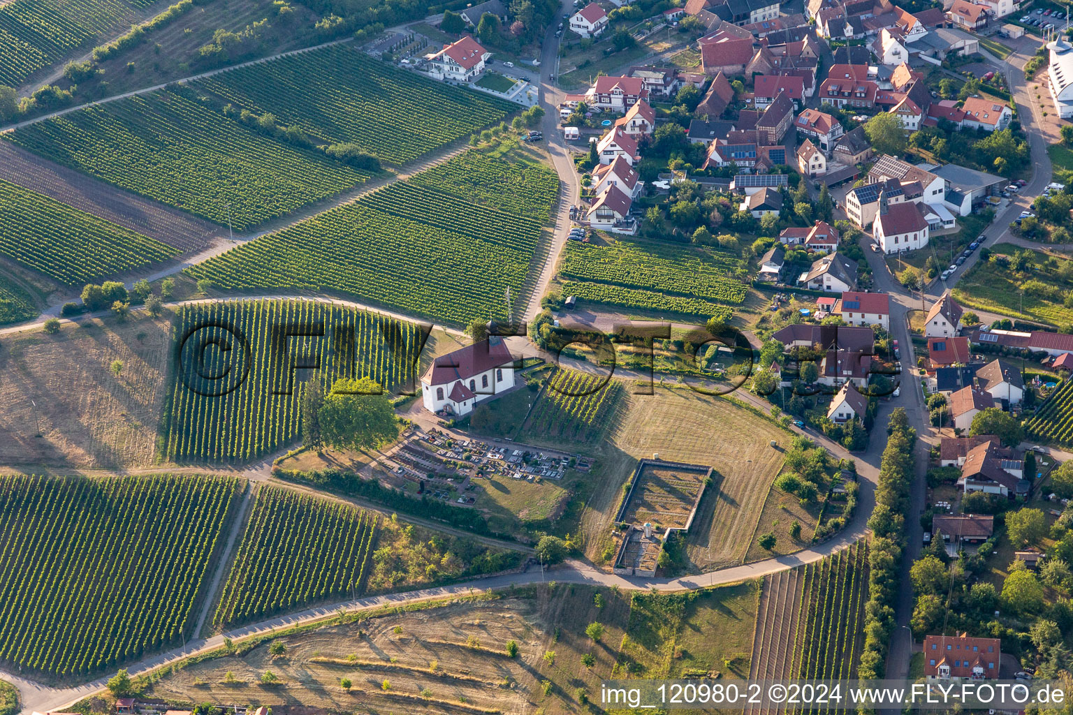 St. Dionysius Chapel in the district Gleiszellen in Gleiszellen-Gleishorbach in the state Rhineland-Palatinate, Germany from above