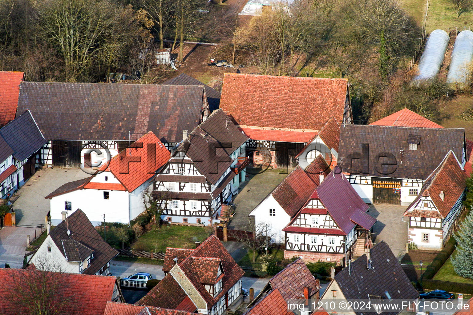 Aerial view of Rue des 2 Eglises in Seebach in the state Bas-Rhin, France