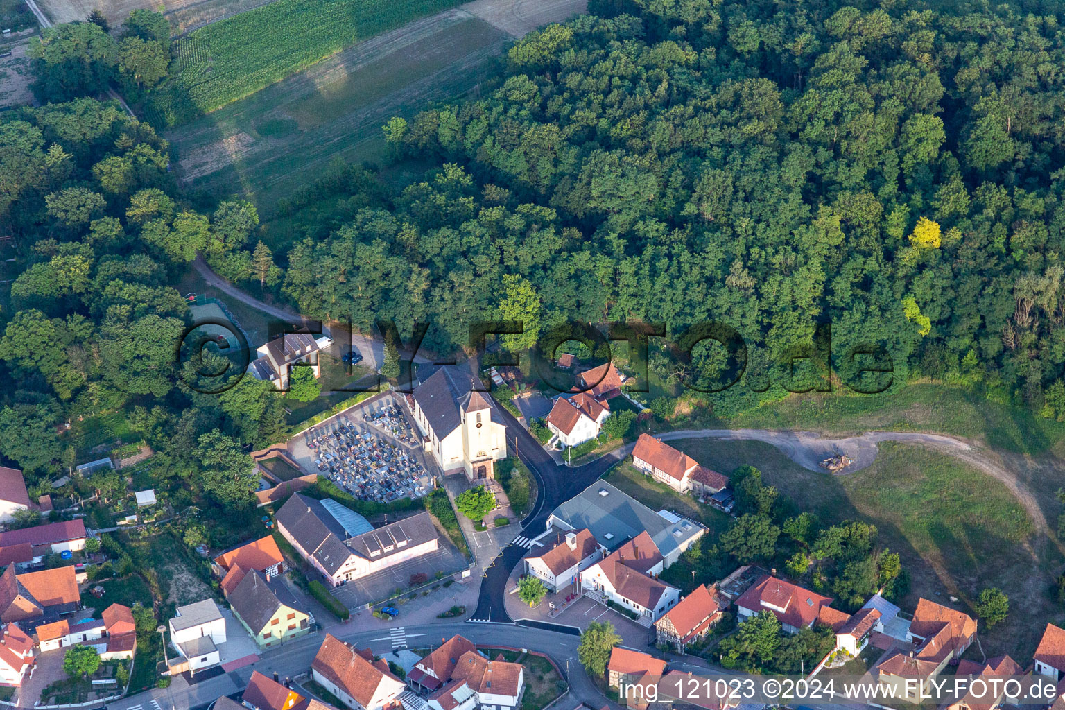 Neewiller-près-Lauterbourg in the state Bas-Rhin, France from a drone