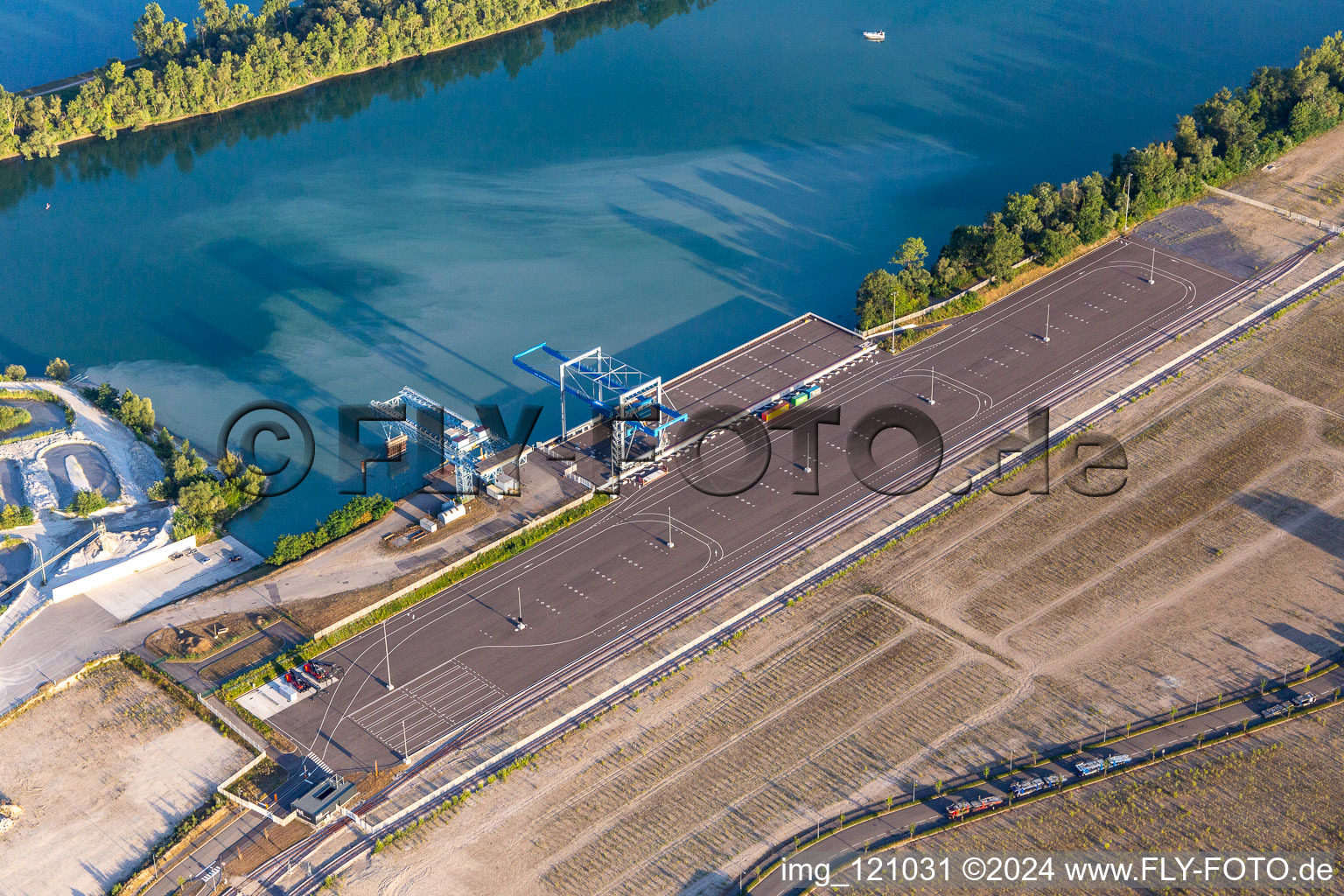 Aerial view of Autonomous Port of Strasbourg in Lauterbourg in the state Bas-Rhin, France