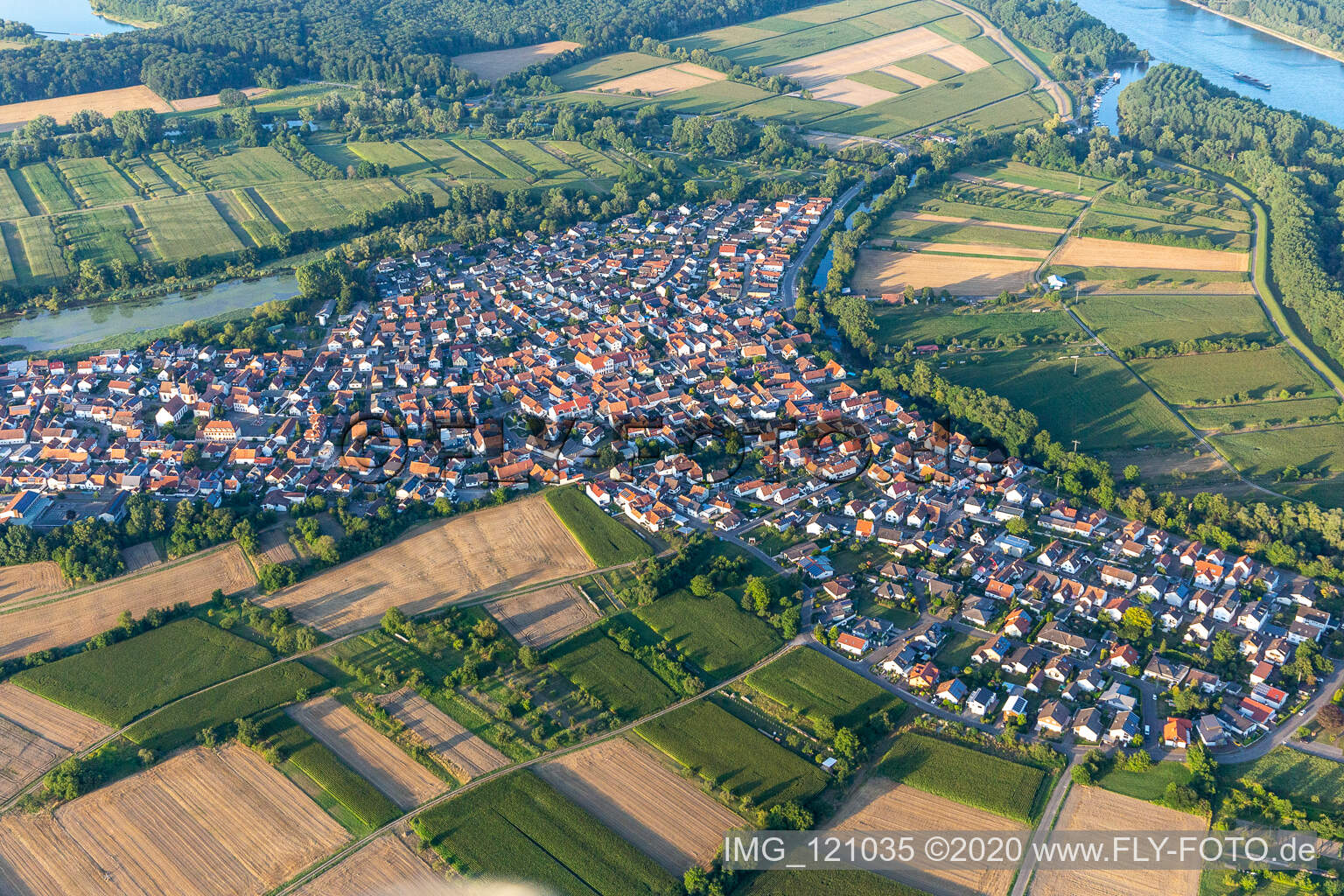 Aerial view of Neuburg am Rhein in the state Rhineland-Palatinate, Germany