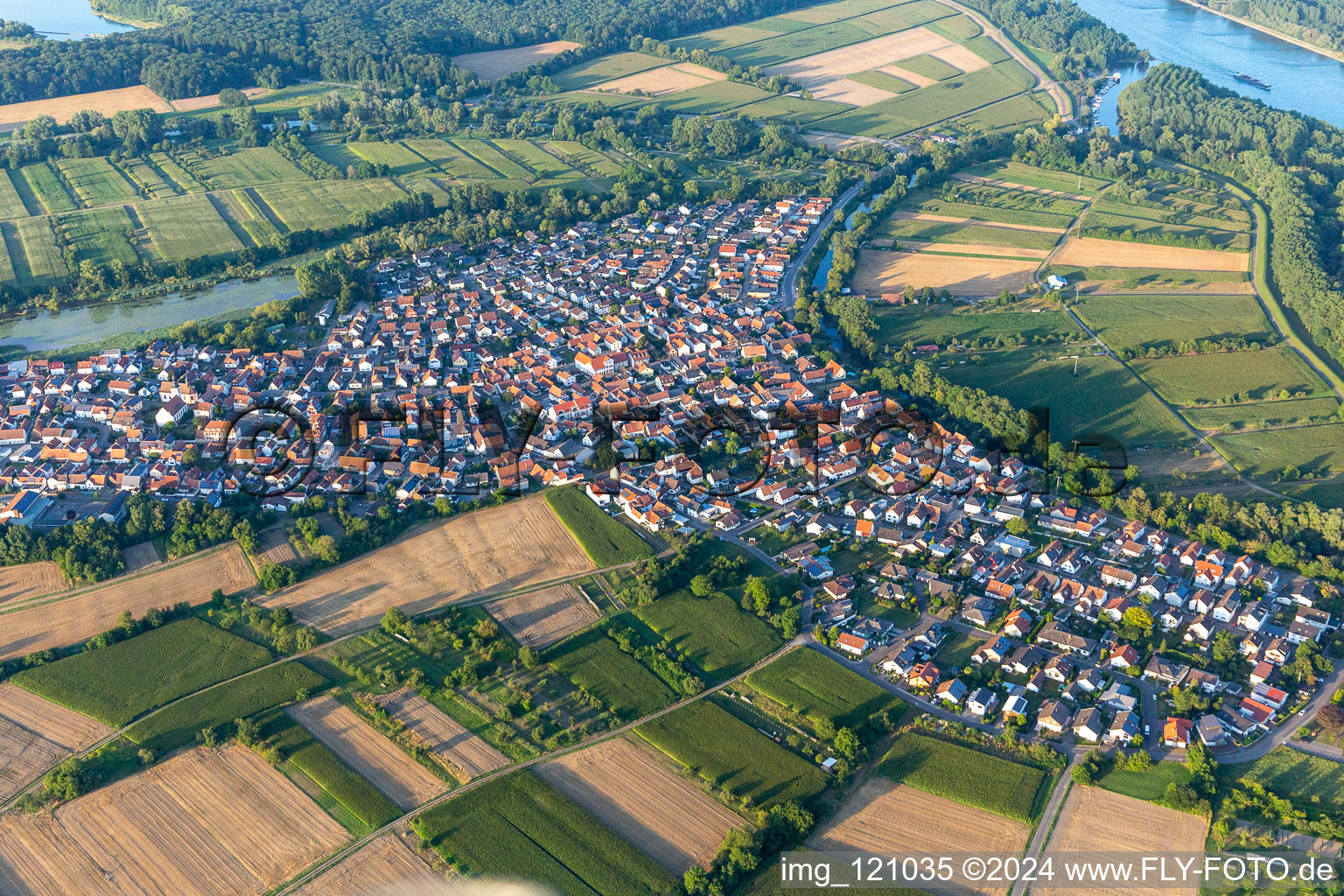 Aerial view of Neuburg am Rhein in the state Rhineland-Palatinate, Germany