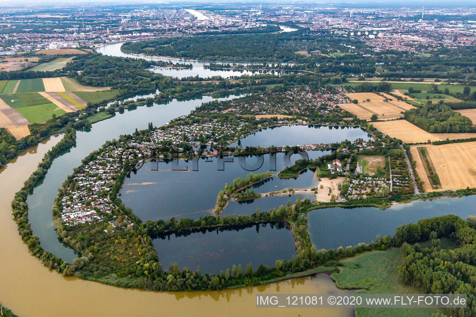 Lakes and beach areas on the recreation area Blaue Adria in the district Riedsiedlung in Altrip in the state Rhineland-Palatinate out of the air