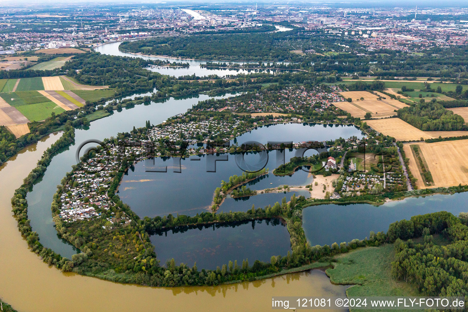 Lakes and beach areas on the recreation area Blaue Adria in the district Riedsiedlung in Altrip in the state Rhineland-Palatinate out of the air