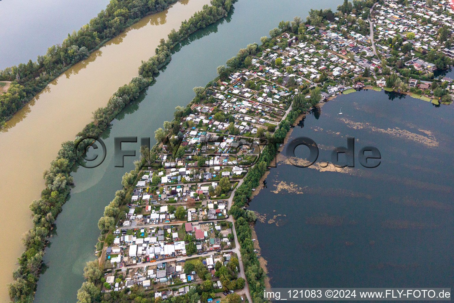 Aerial view of Blue Adriatic in Altrip in the state Rhineland-Palatinate, Germany