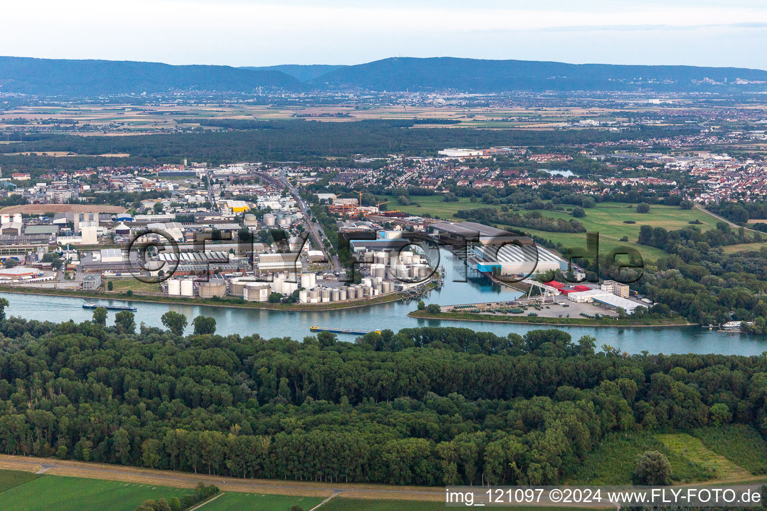 Aerial photograpy of Rheinau Harbour in the district Rheinau in Mannheim in the state Baden-Wuerttemberg, Germany