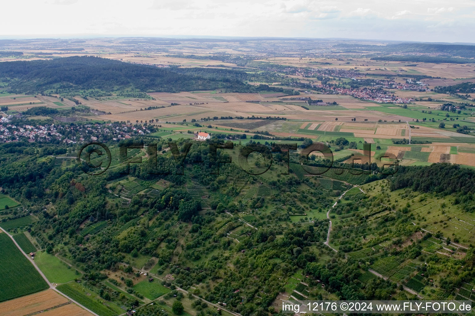 Aerial view of Churches building the chapel Wurmlinger Kapelle - St. Remigius Kapelle in the district Rottenburg am Neckar in Tuebingen in the state Baden-Wurttemberg