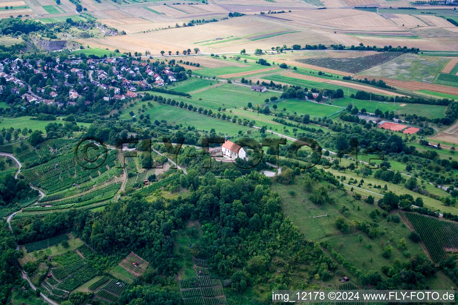 Aerial photograpy of Churches building the chapel Wurmlinger Kapelle - St. Remigius Kapelle in the district Rottenburg am Neckar in Tuebingen in the state Baden-Wurttemberg