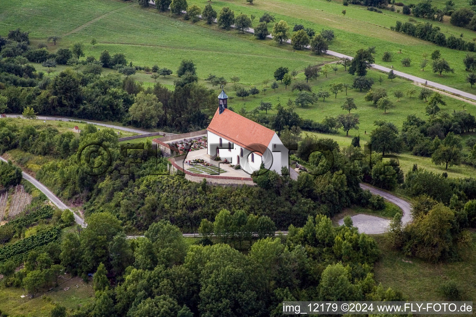 Oblique view of Churches building the chapel Wurmlinger Kapelle - St. Remigius Kapelle in the district Rottenburg am Neckar in Tuebingen in the state Baden-Wurttemberg