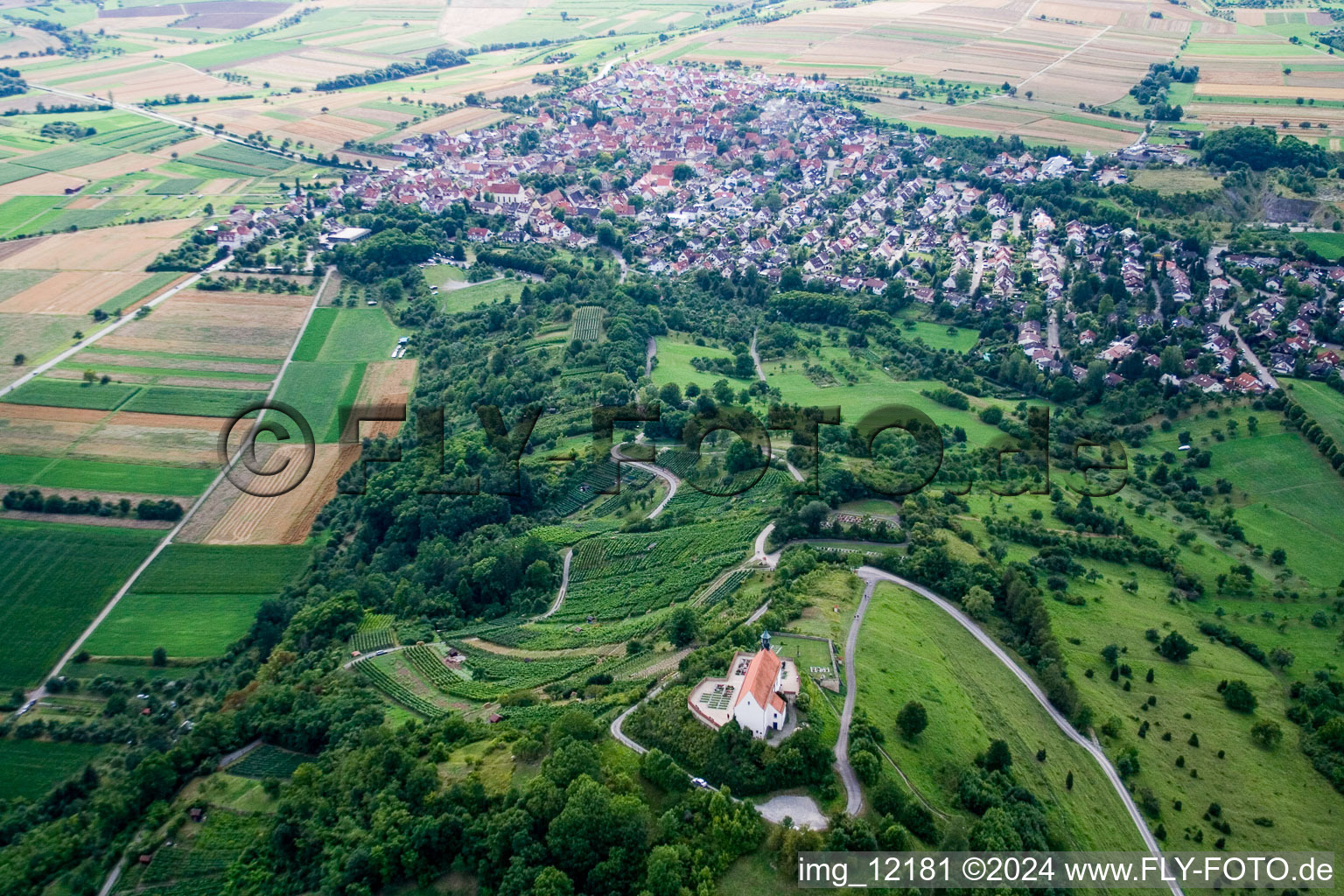 Aerial view of Wurmlinger Chapel in the district Wurmlingen in Rottenburg am Neckar in the state Baden-Wuerttemberg, Germany