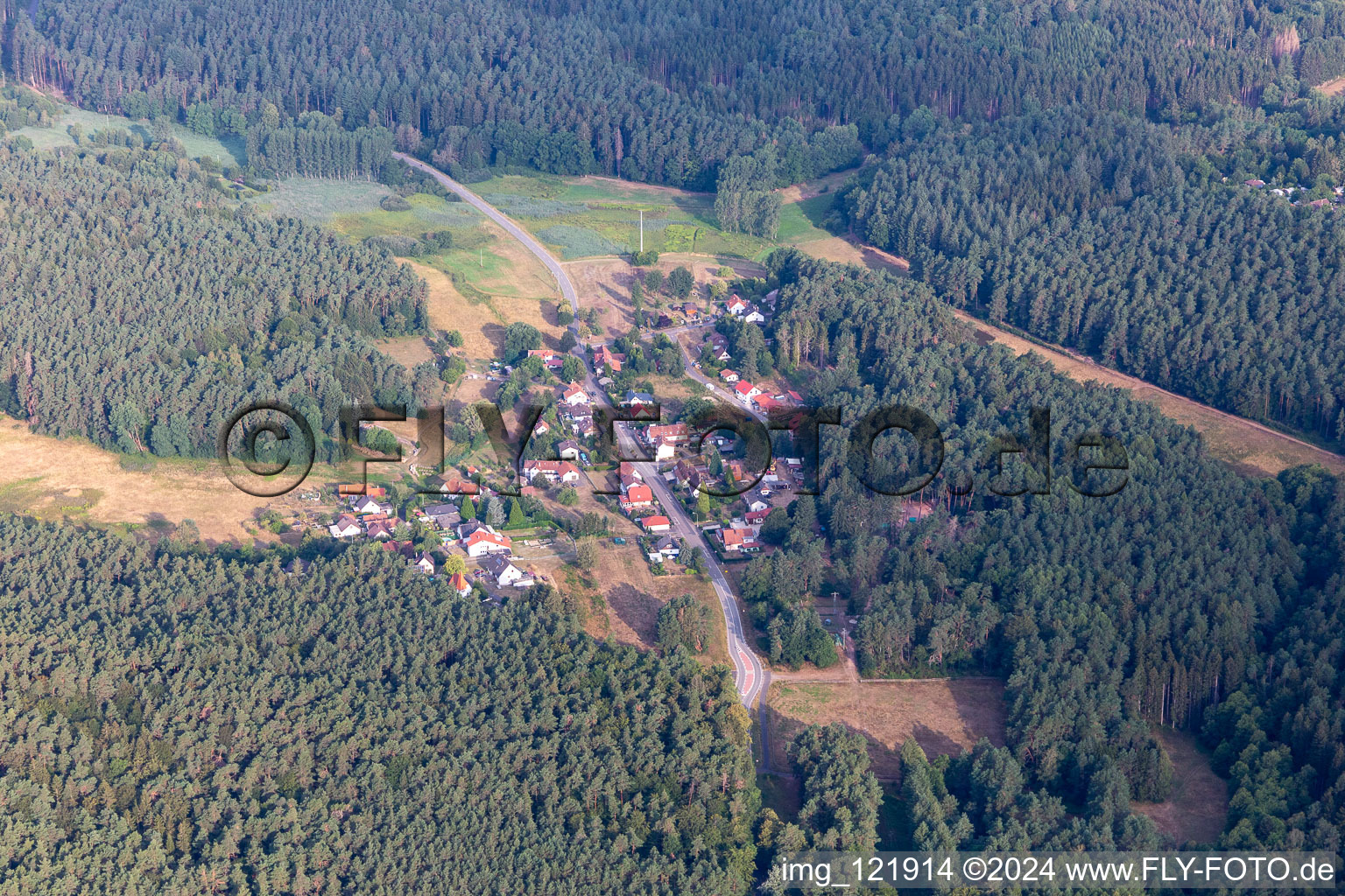 Aerial view of Lauterschwan in Erlenbach bei Dahn in the state Rhineland-Palatinate, Germany