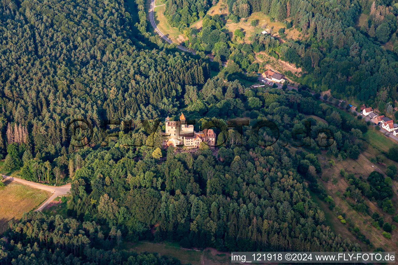 Aerial view of Berwartstein Castle in Erlenbach bei Dahn in the state Rhineland-Palatinate, Germany