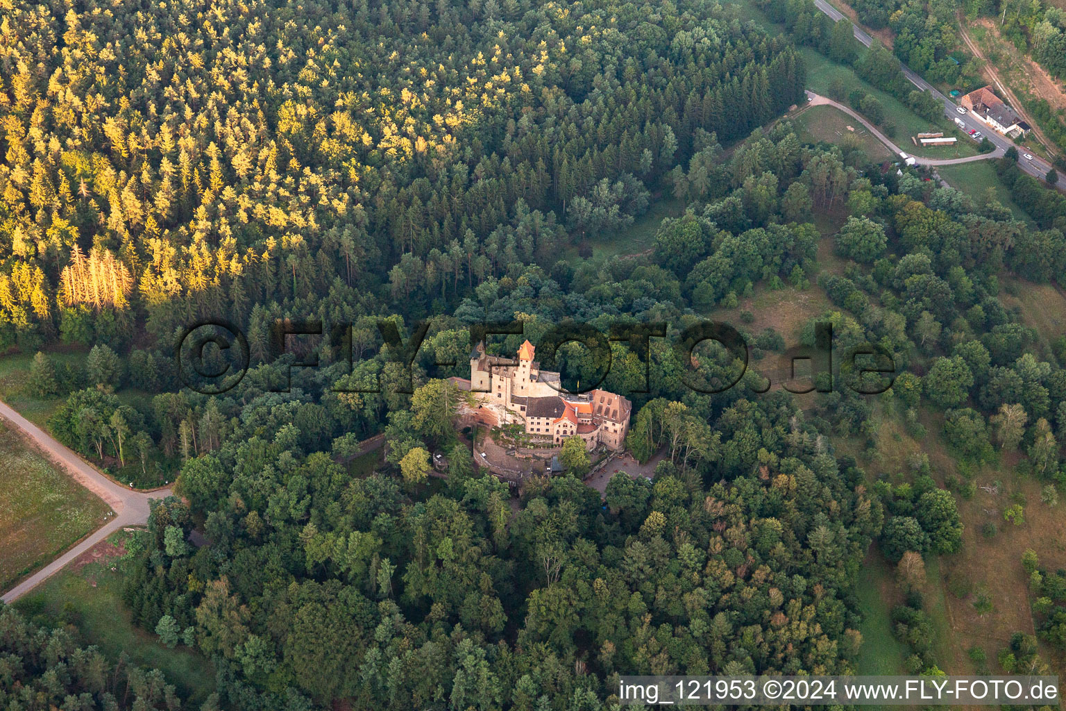 Aerial photograpy of Berwartstein Castle in Erlenbach bei Dahn in the state Rhineland-Palatinate, Germany