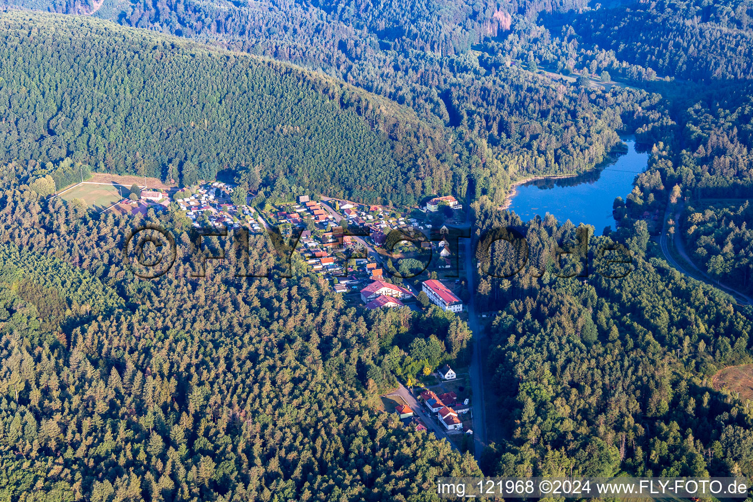 Aerial view of Campingclub Pirmansens at Schöntalweiher in Ludwigswinkel in the state Rhineland-Palatinate, Germany