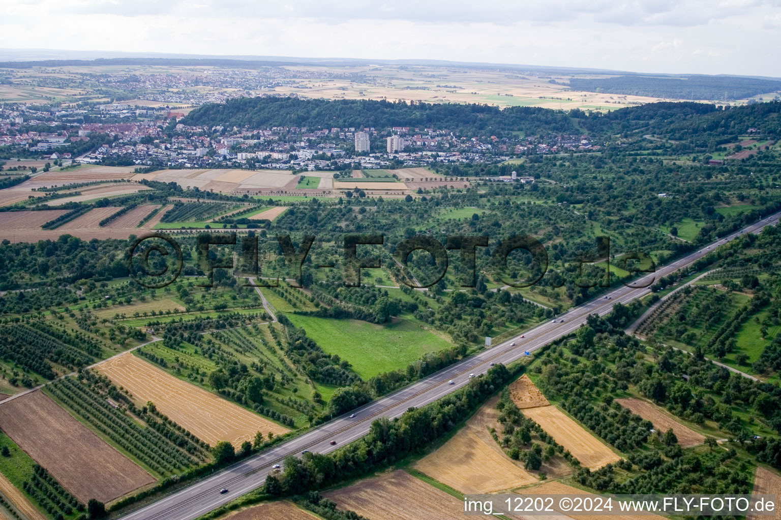 Aerial view of Motorway exit A81 in the district Gültstein in Herrenberg in the state Baden-Wuerttemberg, Germany