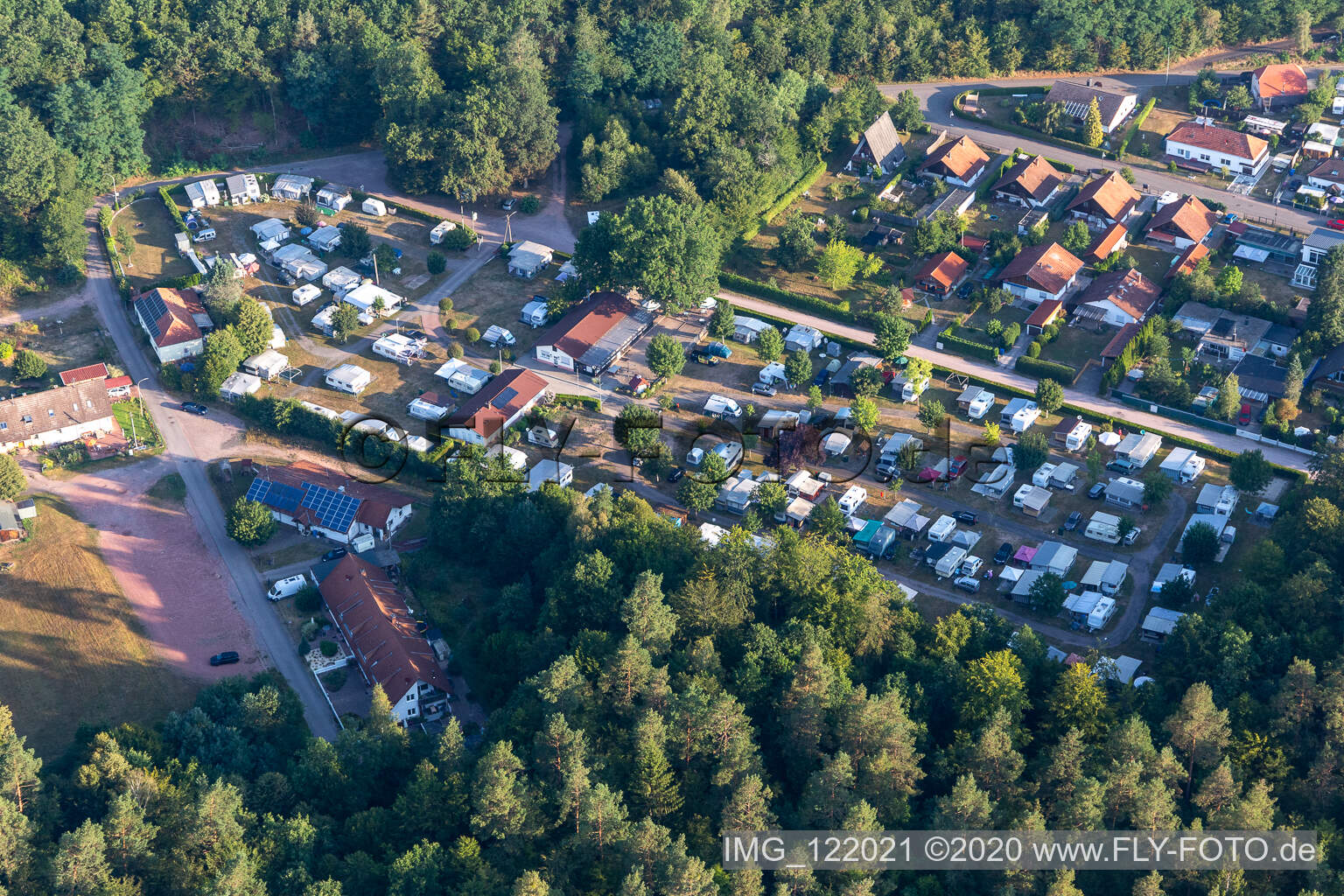 Aerial photograpy of Pirmansens Camping Club at Schöntalweiher in Ludwigswinkel in the state Rhineland-Palatinate, Germany