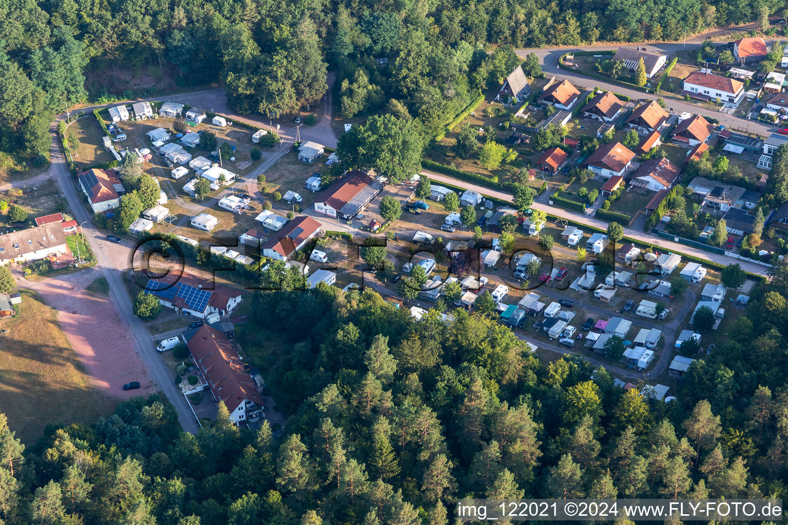 Aerial photograpy of Pirmansens Camping Club at Schöntalweiher in Ludwigswinkel in the state Rhineland-Palatinate, Germany