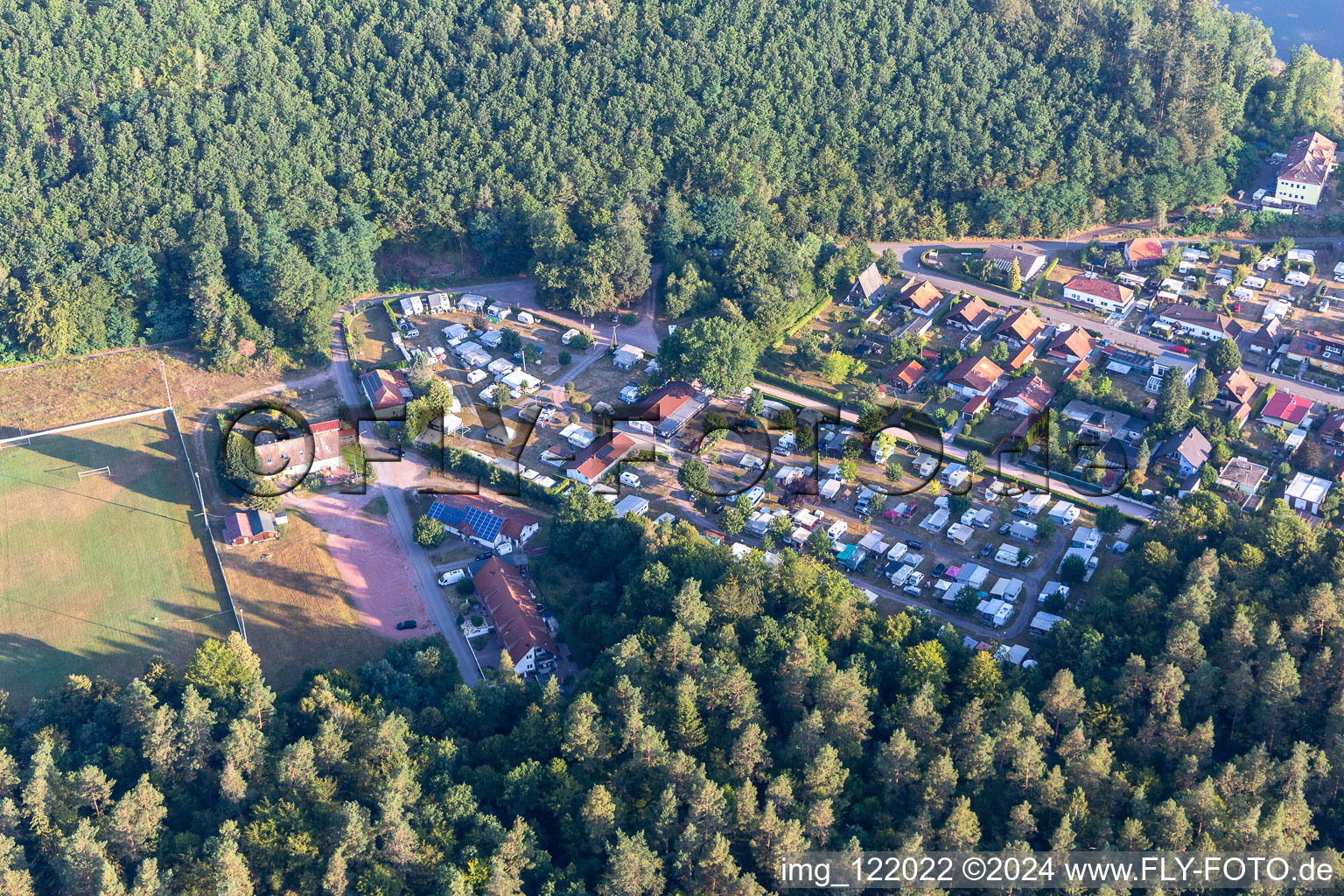 Oblique view of Campingclub Pirmansens at Schöntalweiher in Ludwigswinkel in the state Rhineland-Palatinate, Germany