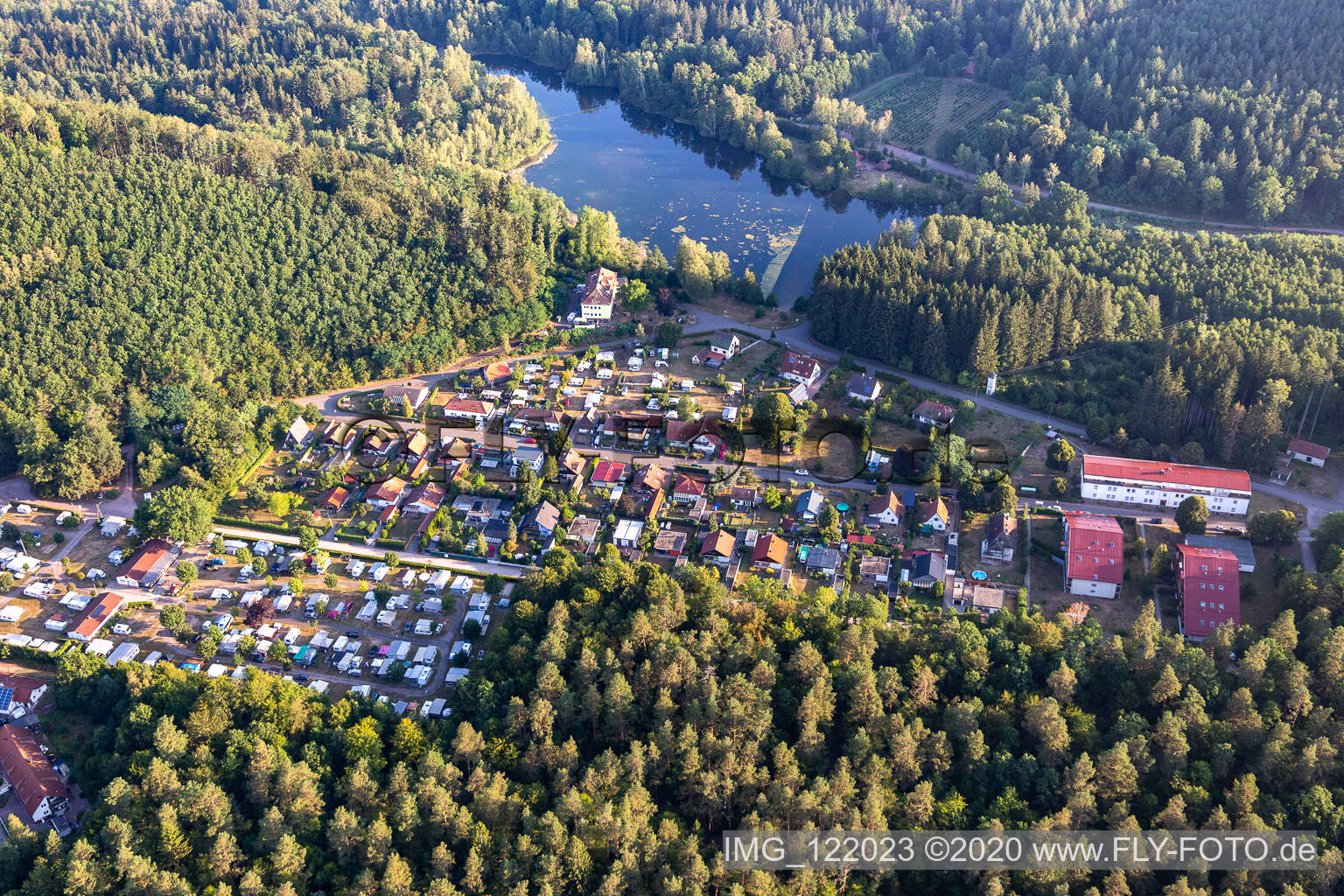 Pirmansens Camping Club at Schöntalweiher in Ludwigswinkel in the state Rhineland-Palatinate, Germany from above