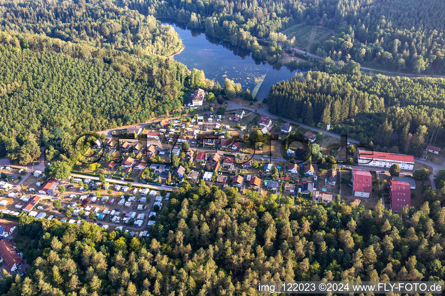 Campingclub Pirmansens at Schöntalweiher in Ludwigswinkel in the state Rhineland-Palatinate, Germany from above