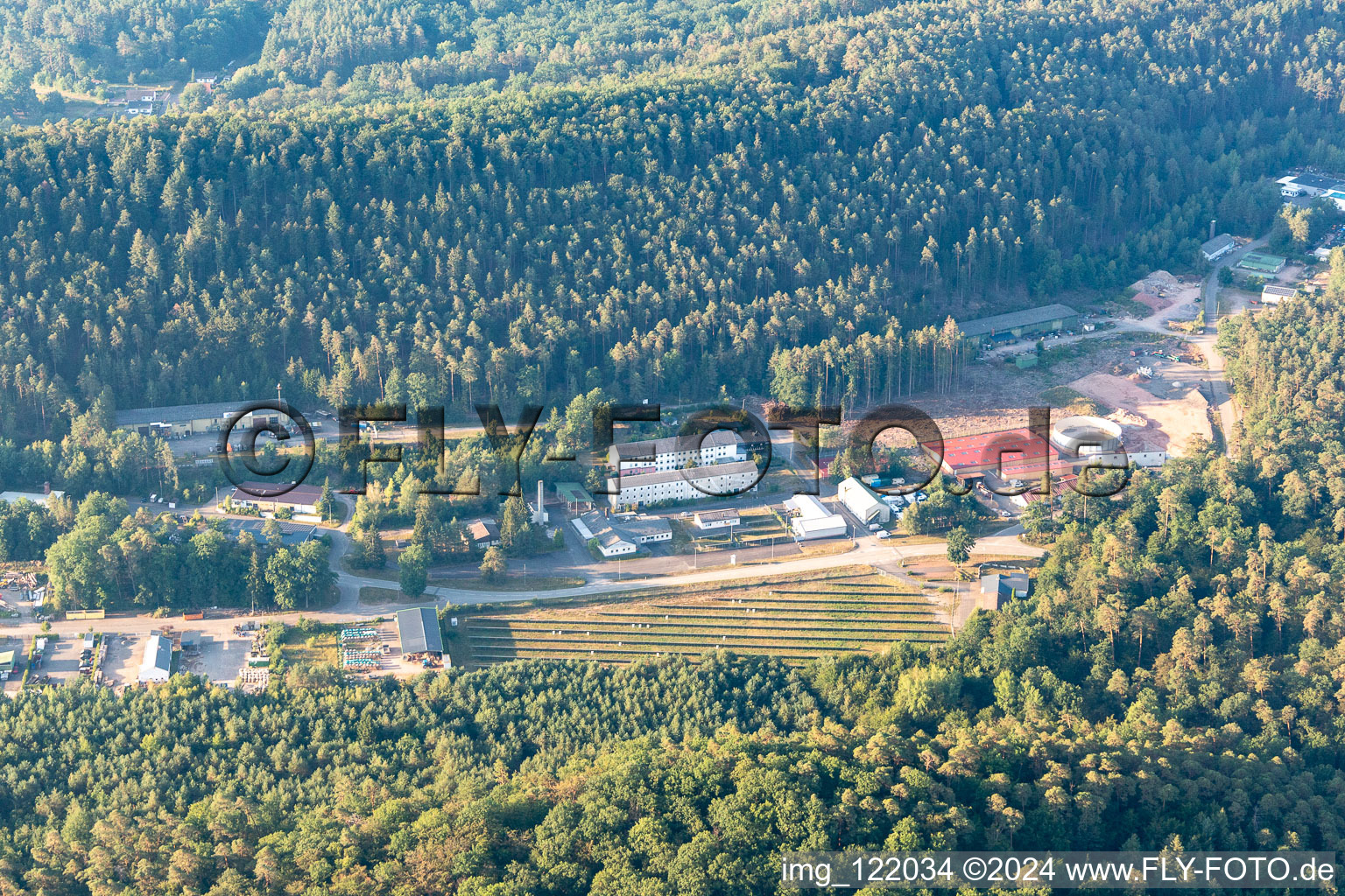 Aerial view of Business park Petersbächel in the district Petersbächel in Fischbach bei Dahn in the state Rhineland-Palatinate, Germany