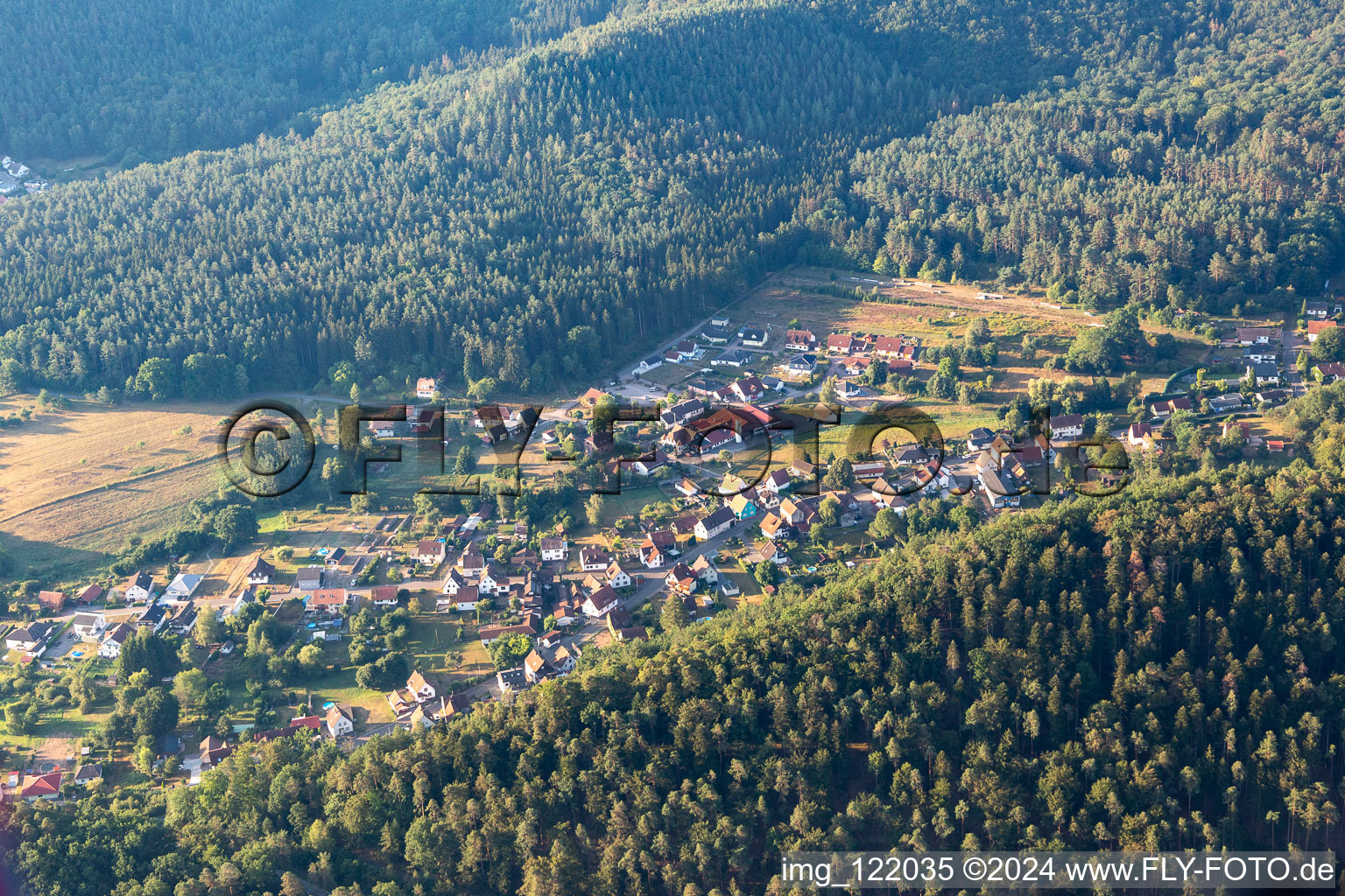 Aerial view of District Petersbächel in Fischbach bei Dahn in the state Rhineland-Palatinate, Germany