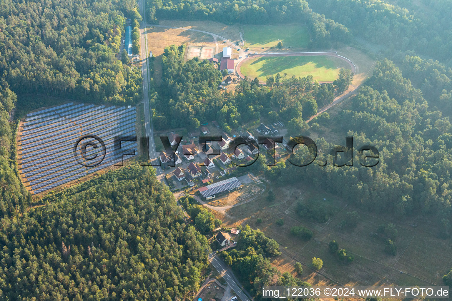 Petersbächel PV system in forest clearing in Fischbach bei Dahn in the state Rhineland-Palatinate, Germany