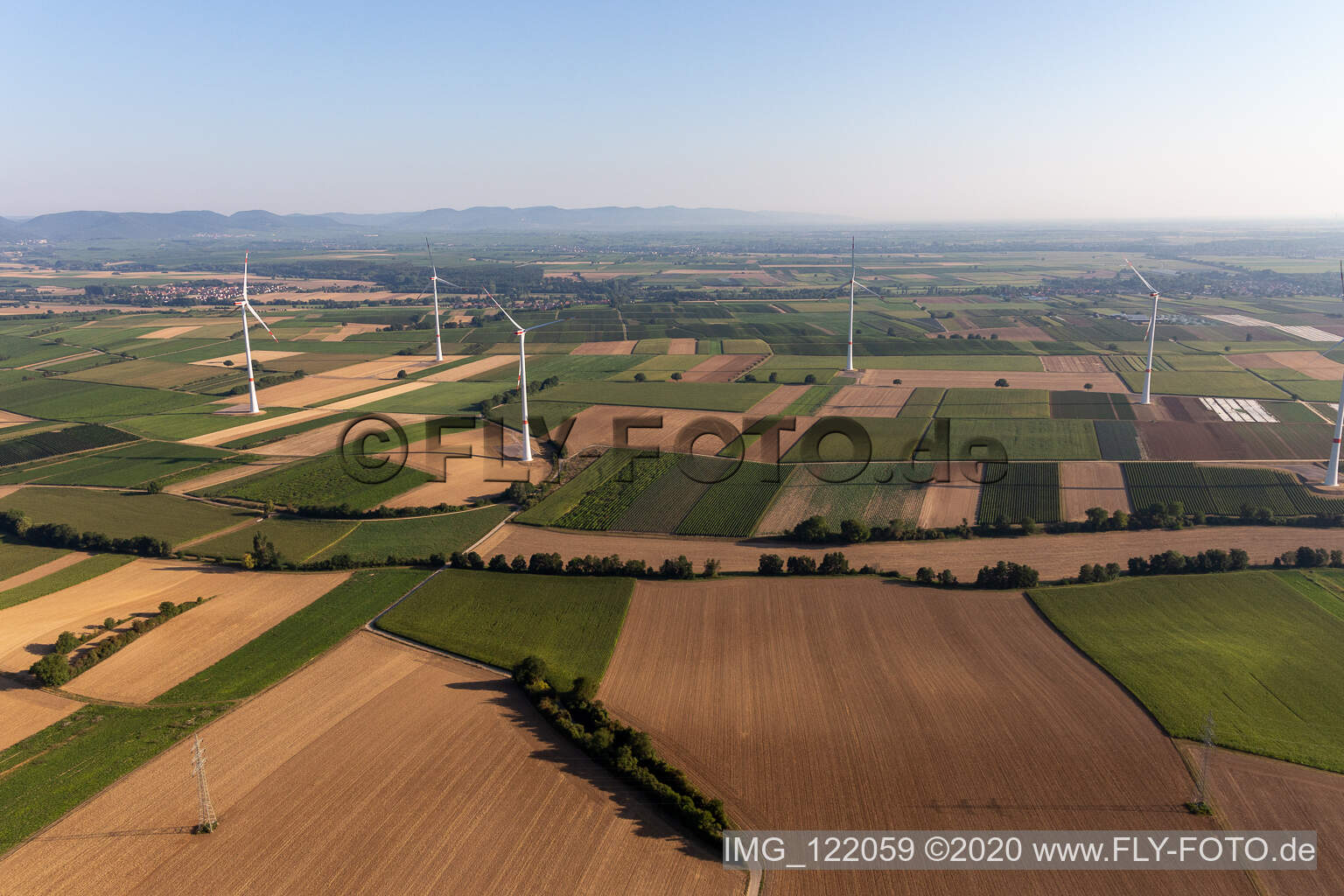 Aerial photograpy of Wind farm in Freckenfeld in the state Rhineland-Palatinate, Germany